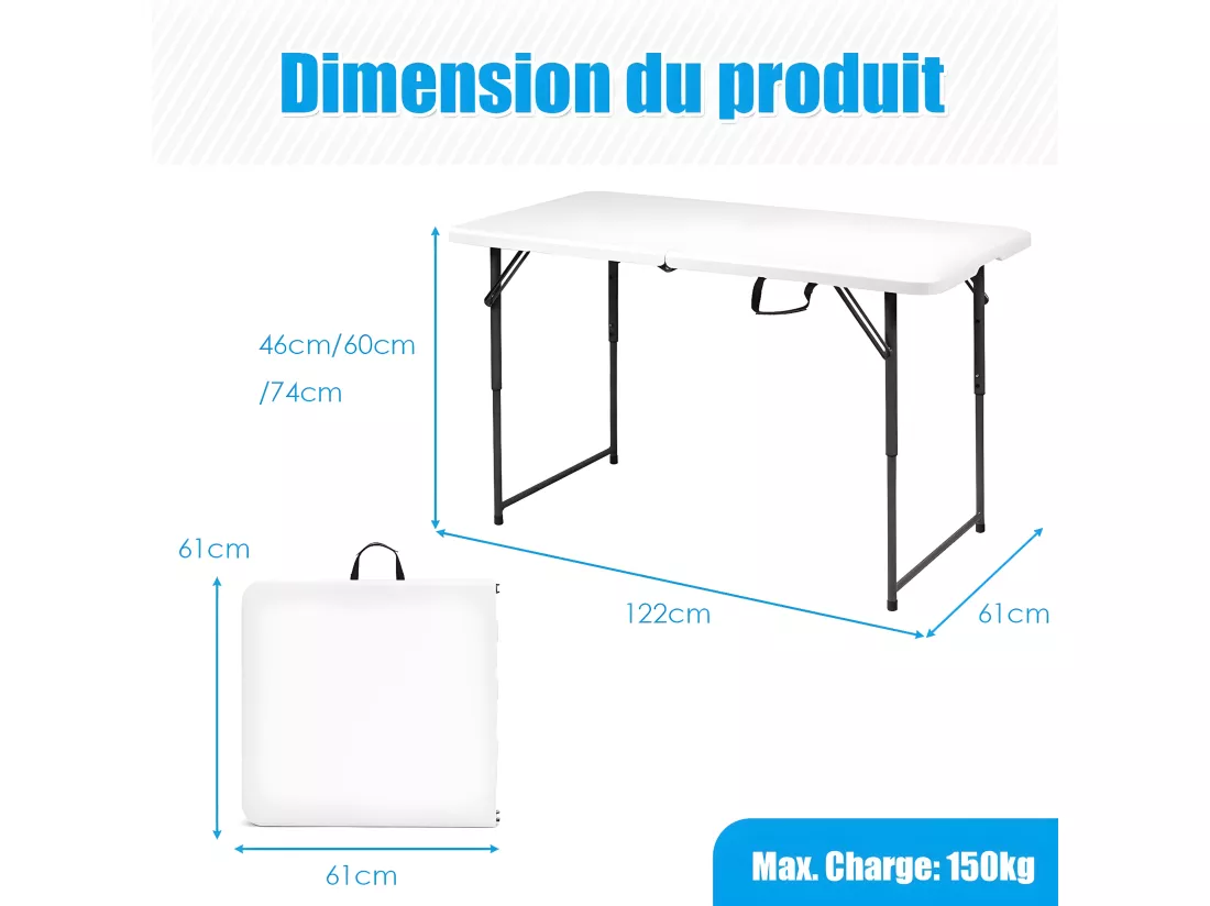 Table Pliante en Plastique, pour CamBoisg Jardin Cuisine Matériaux HDPE,122 x 61 x 72 CM，Blanc