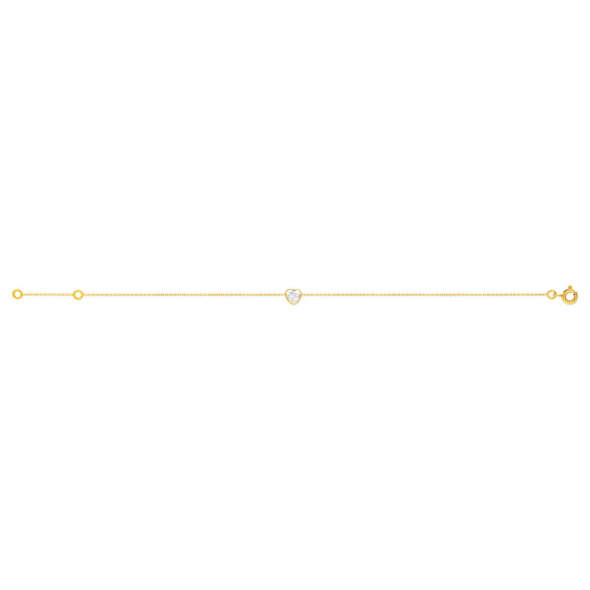 Bracelet or 375 jaune zirconia, motif coeur 18 cm.