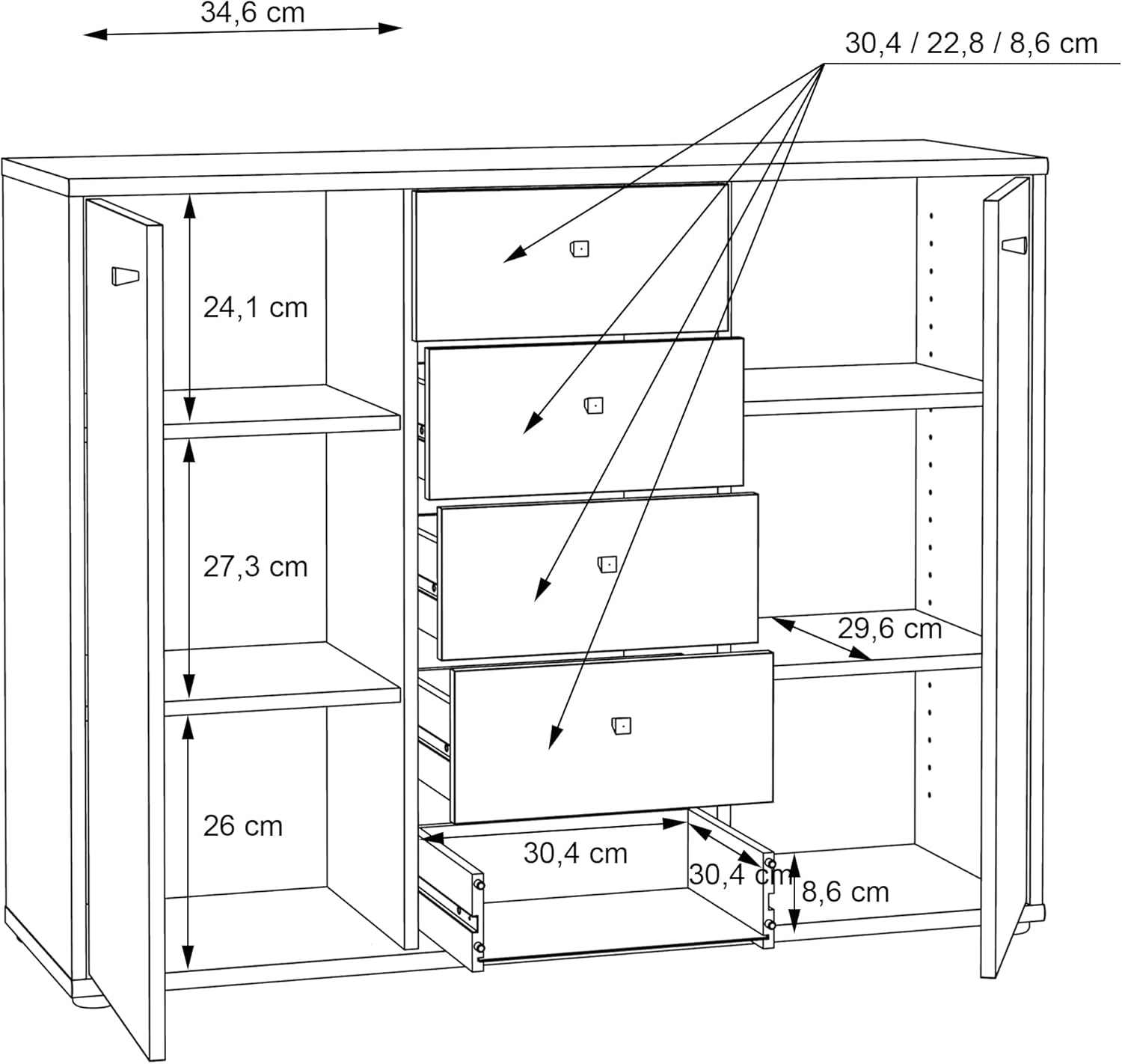 FORTE TEMPRA 2 Kommode mit 2 Türen und 5 Schubladen, Holzwerkstoff, Old – Wood Vintage Dekor, (B x H x T) 108,8 x 85,5 x 34,8 cm