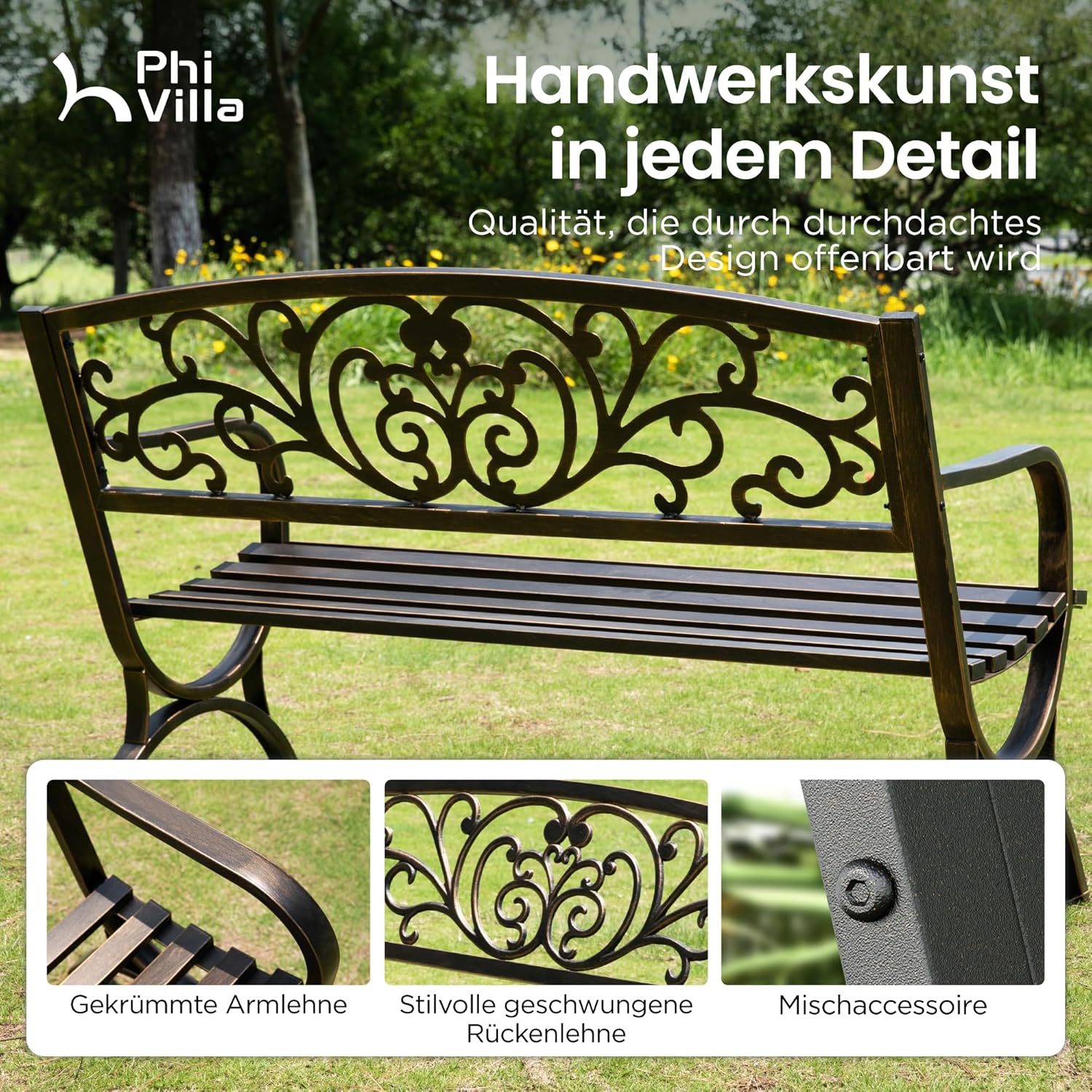 PHI VILLA Gartenbank Metall Rückenlehne aus Gusseisen Stahlrahmen 2-3 Sitzer Bank Outdoor mit Floralem Design für Park, Garten und Terrasse Bronze