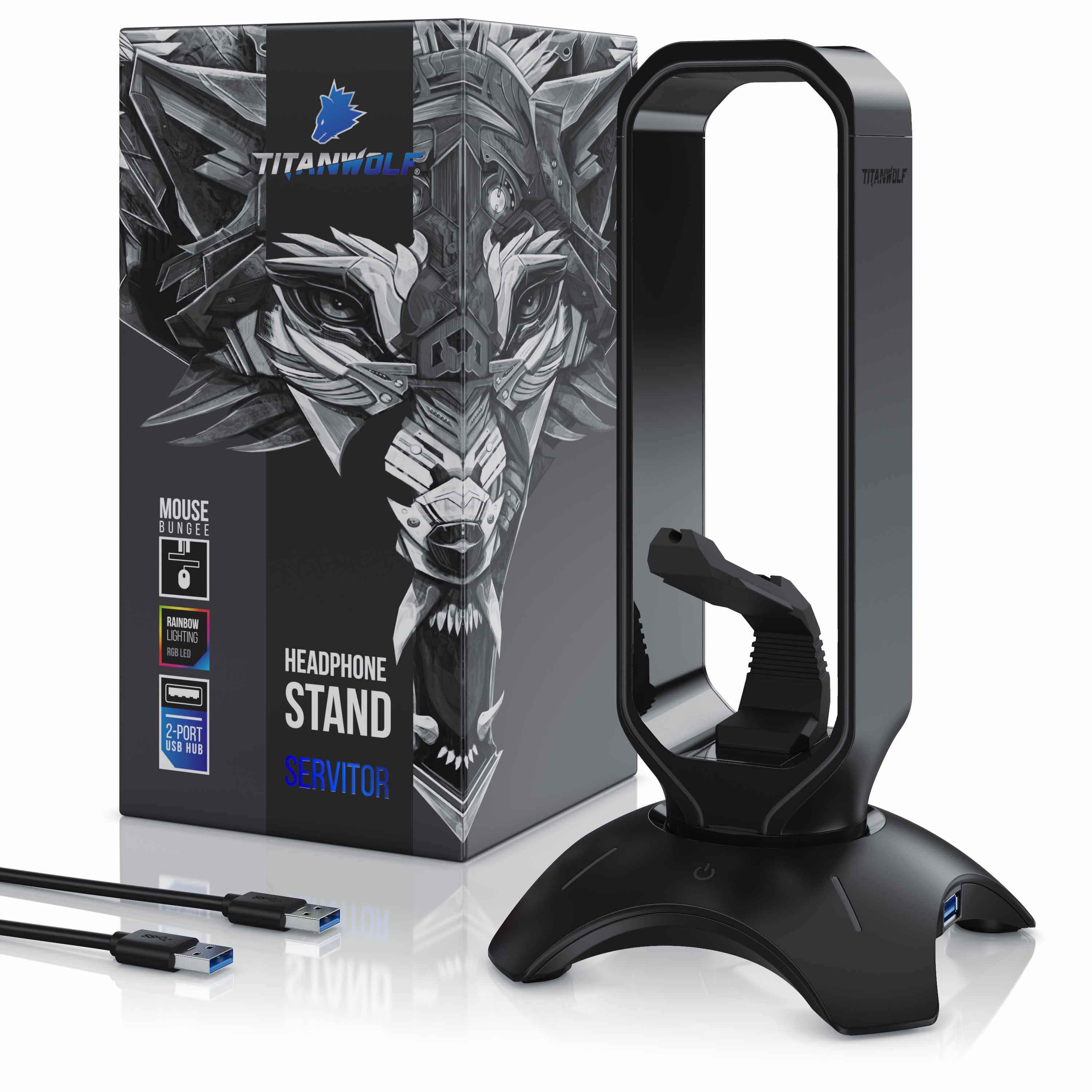 Titanwolf Kopfhörerständer mit 2 x USB 3.2 und Mausbungee Headphone stand mit Farbwechselmodus