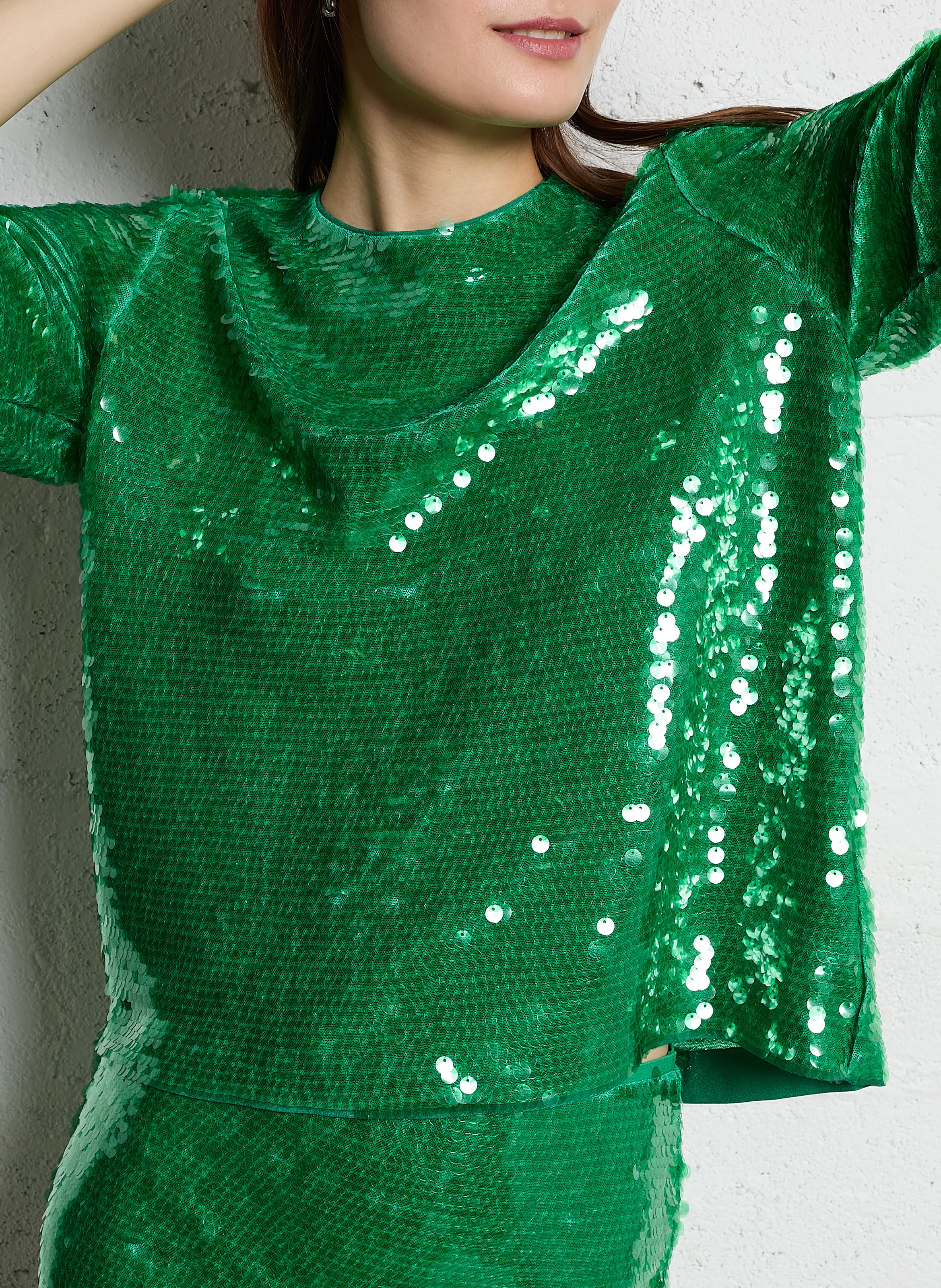 TALMY - Top droit col rond en sequins | Vert