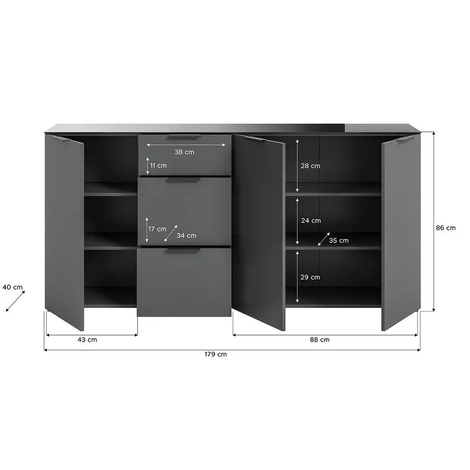 Hioshop Ray dressoir 3 laden 3 deuren antraciet