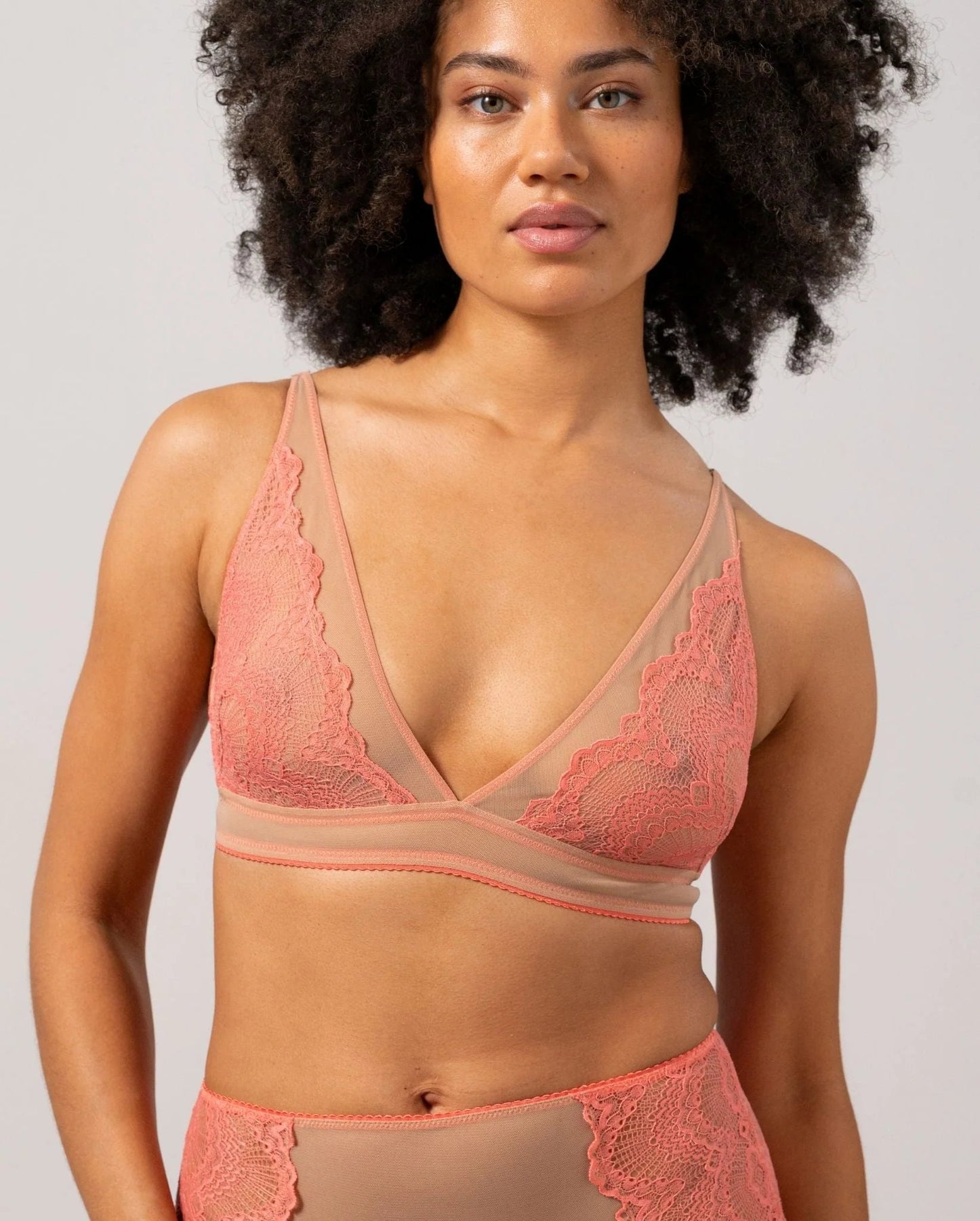 Understatement Underwear Lace Mesh Plunge Bralette coral sand