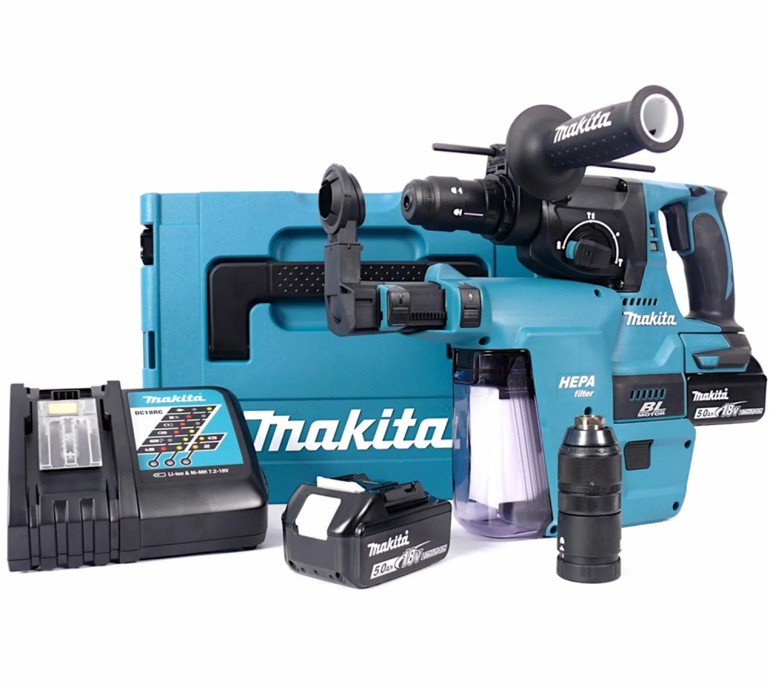 Makita DHR243RTJV 18V Li-Ion Accu SDS-plus combihamer incl. snelspanboorkop en stofafzuiging set (2x 5.0Ah accu) in Mbox - 2J - koolborstelloos