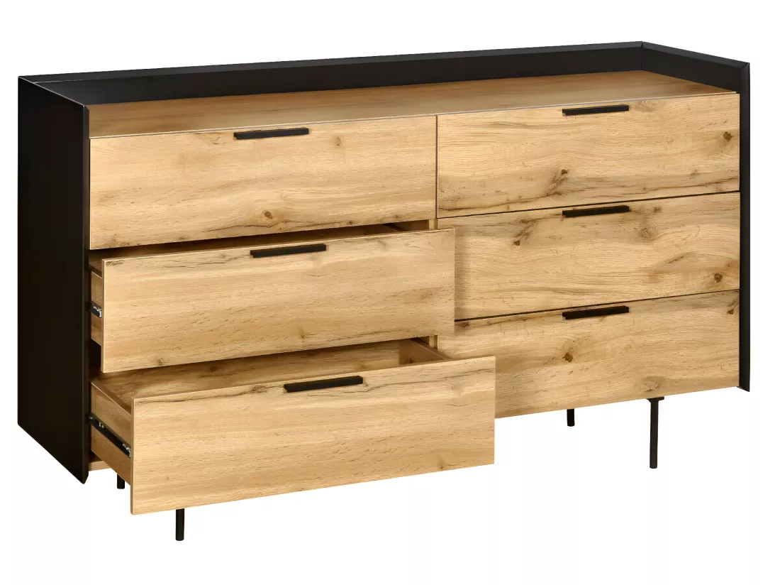 Commode 6 tiroirs panneaux de fibres noir et bois MIKO