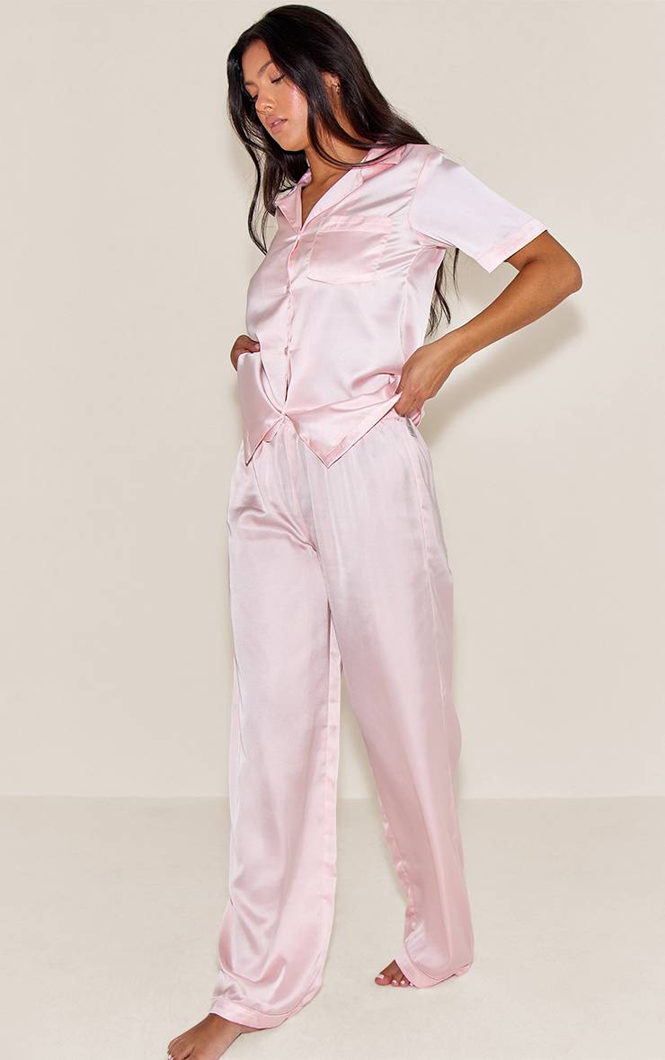 Rose Ensemble De Pyjama Long En Satin À Manches Courtes