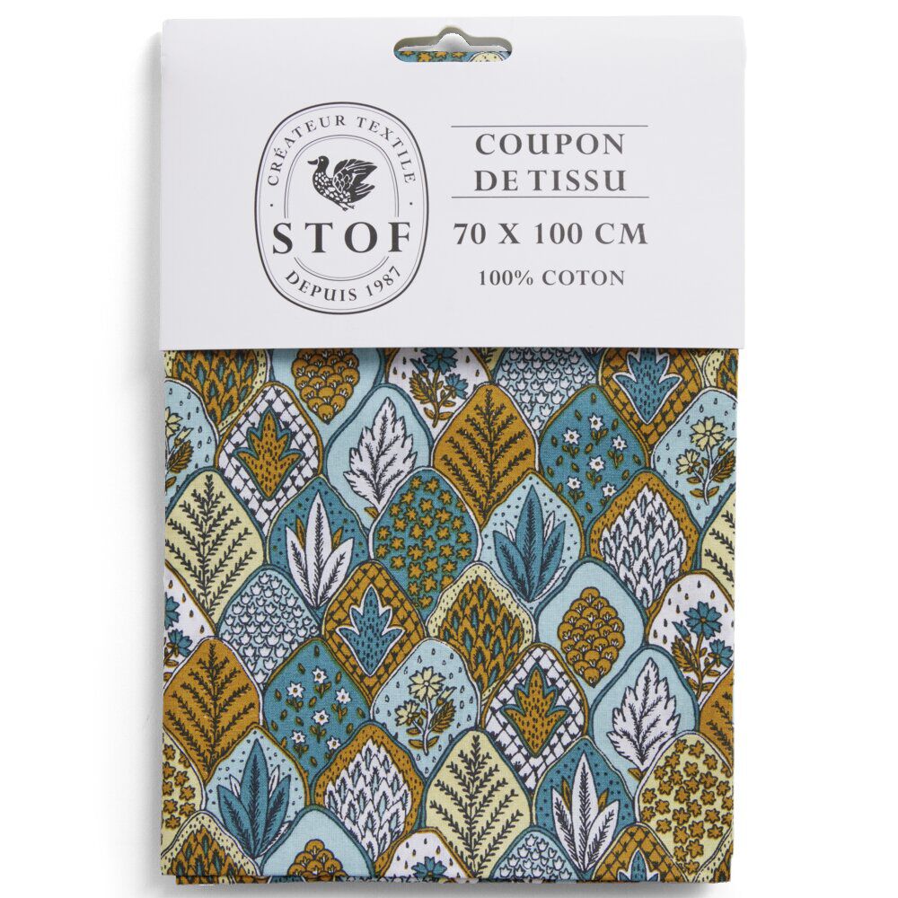 Coupon tissu imprimé Herboriste 70x100cm coton jaune moutarde
