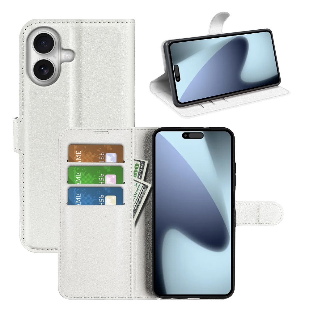 iPhone 17 Leder Tasche Flip Cover Litchi Look - Weiss
