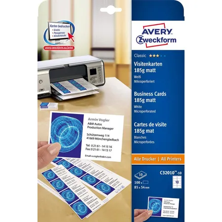 Avery Zweckform C32010-10 Classic Visitenkarten, 85 x 54 mm, beidseitig beschichtet, 100 Karten / 10 Bogen