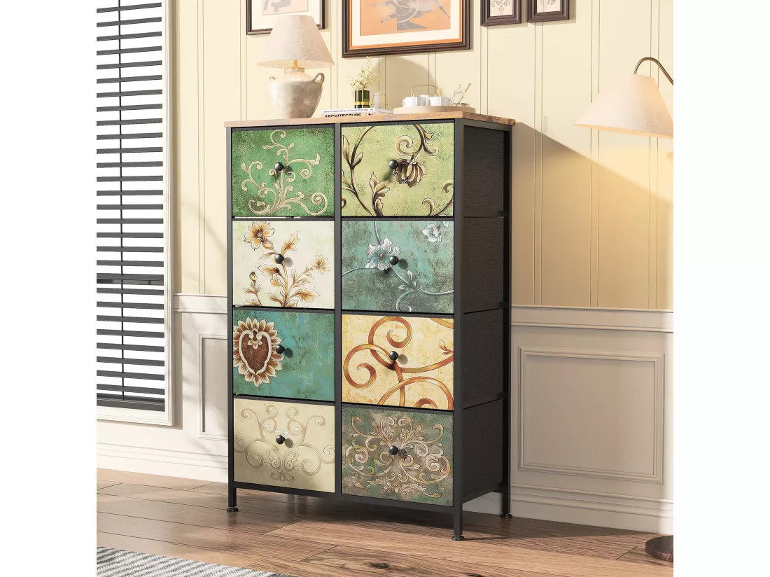 Commode 8 Tiroirs 67.5x30x100cm - Cadre en Métal, Tiroirs avec Poignées en tissu - Motifs Rétros - Noir