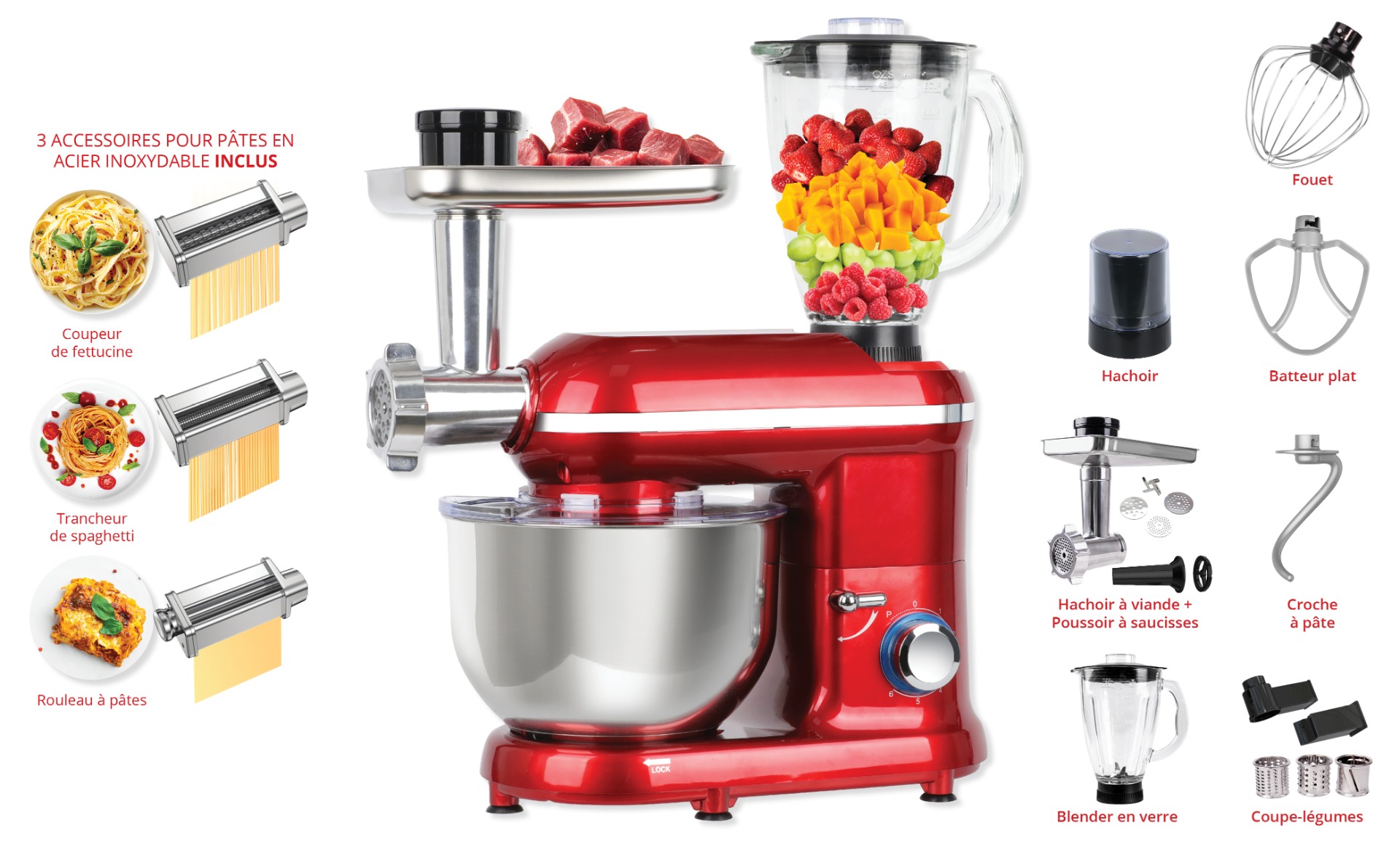 Friac KM5140RD 10 in 1 keukenrobot 5.5L 1400W + pastaset