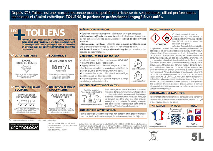 Peinture extérieure bois Tollens satin blanc 5L
