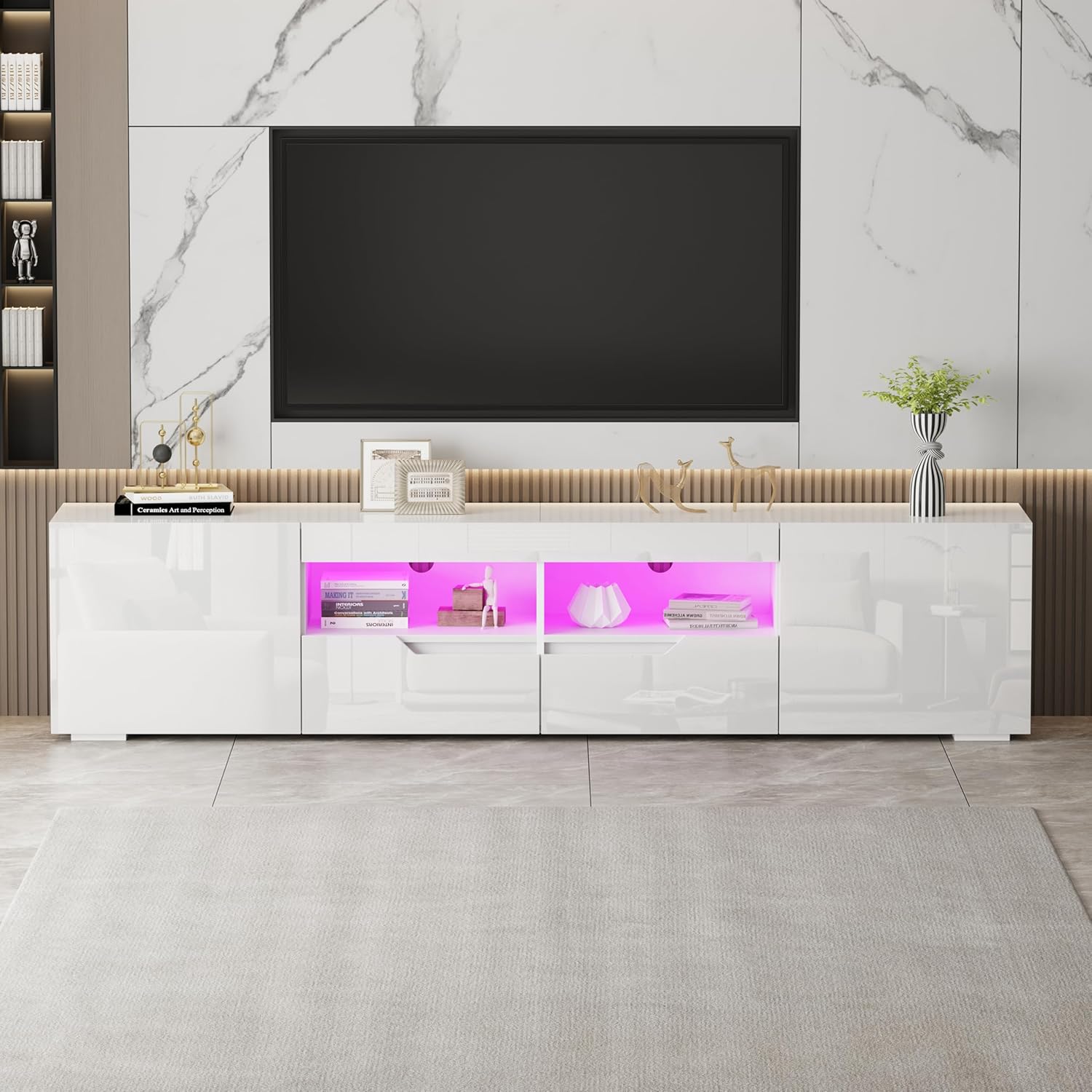 Hochglanz TV Schrank 200 cm mit 16 LED Farben – Modernes TV Lowboard für 65–85 Zoll Fernseher, TV Möbel mit 2 Schubladen & Schränken, Griffloses TV Board für Wohnzimmer (Weiß)