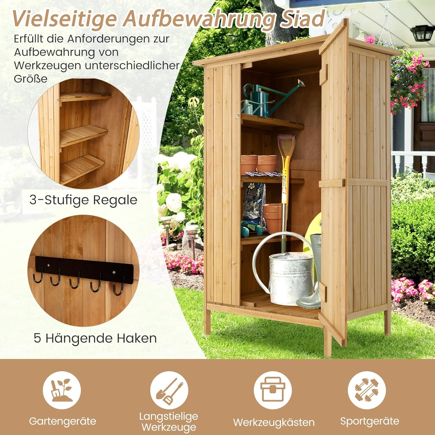 COSTWAY Gartenschrank Holz, Geräteschuppen mit Asphalt-Dach & 3 Regalen & 5 Haken, Gerätehaus mit Abschließbare Tür, Outdoor Gartenhaus für Hinterhof, Terrasse, 91 x 66 x 150 cm