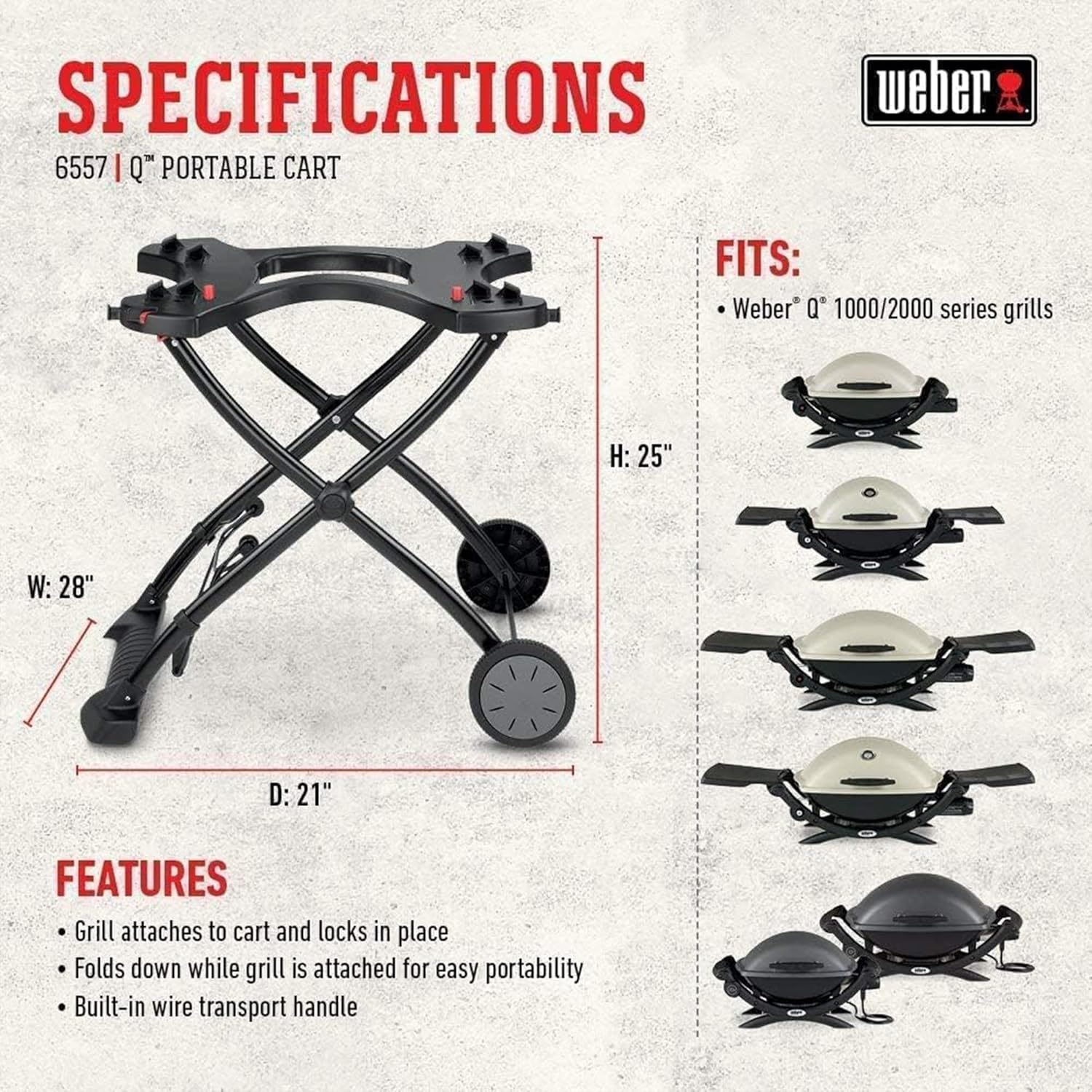 Weber Rollwagen/Für Gasgrills der Q-Serie, Klappbares Design mit Rädern, Integrierter Tragegriff, 16,5 x 75,5 x 71,5 cm (eingeklappt), 63,5 x 53,5 x 71,5 cm (ausgeklappt)