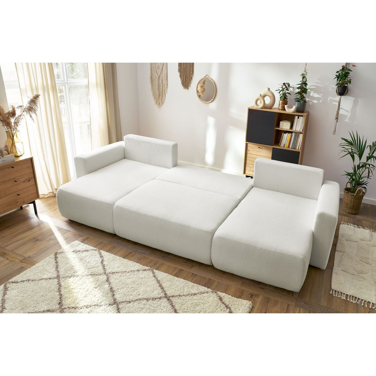 Bobochic Canapé panoramique convertible coffre bouclette envy blanc - 386x153x95 cm