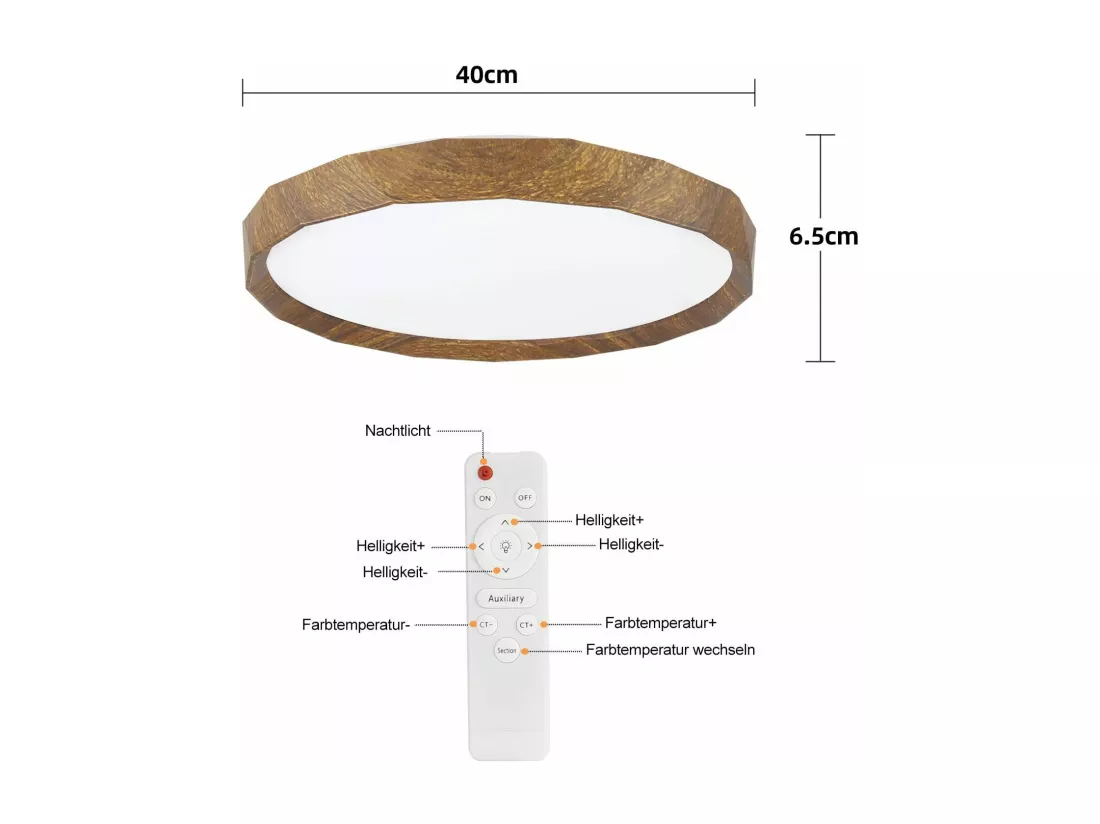 NETTLIFE Plafonnier LED 40cm, 43 W Rond Ciel Étoilé Intensité Variable avec Télécommande Aspect Bois Moderne pour Cuisine Couloir Salle à Manger