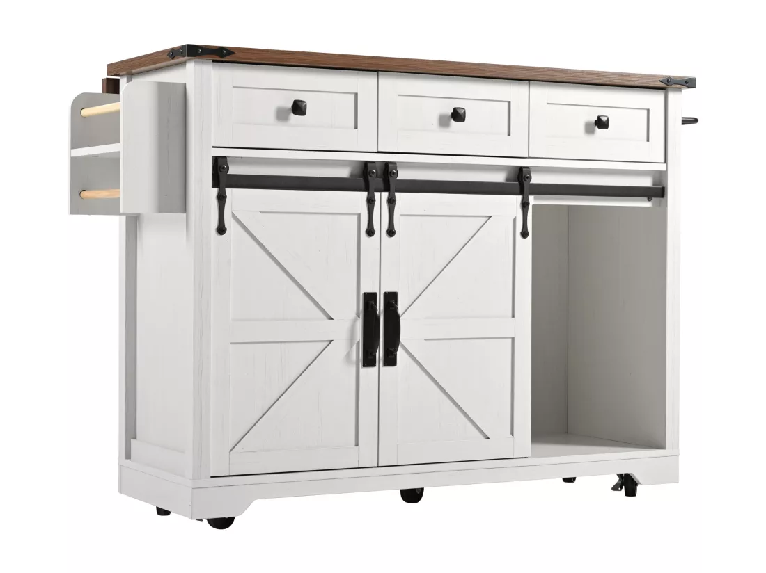 Ilot central de cuisine - avec plateau escamotable - 2 portes coulissantes avec étagères et 3 tiroirs - Beige