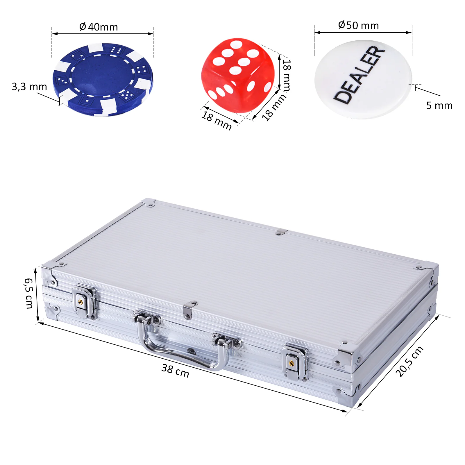 HOMCOM Pokerkoffer mit 300 Chips silber 38 x 20,5 x 6,5 cm (LxBxH)