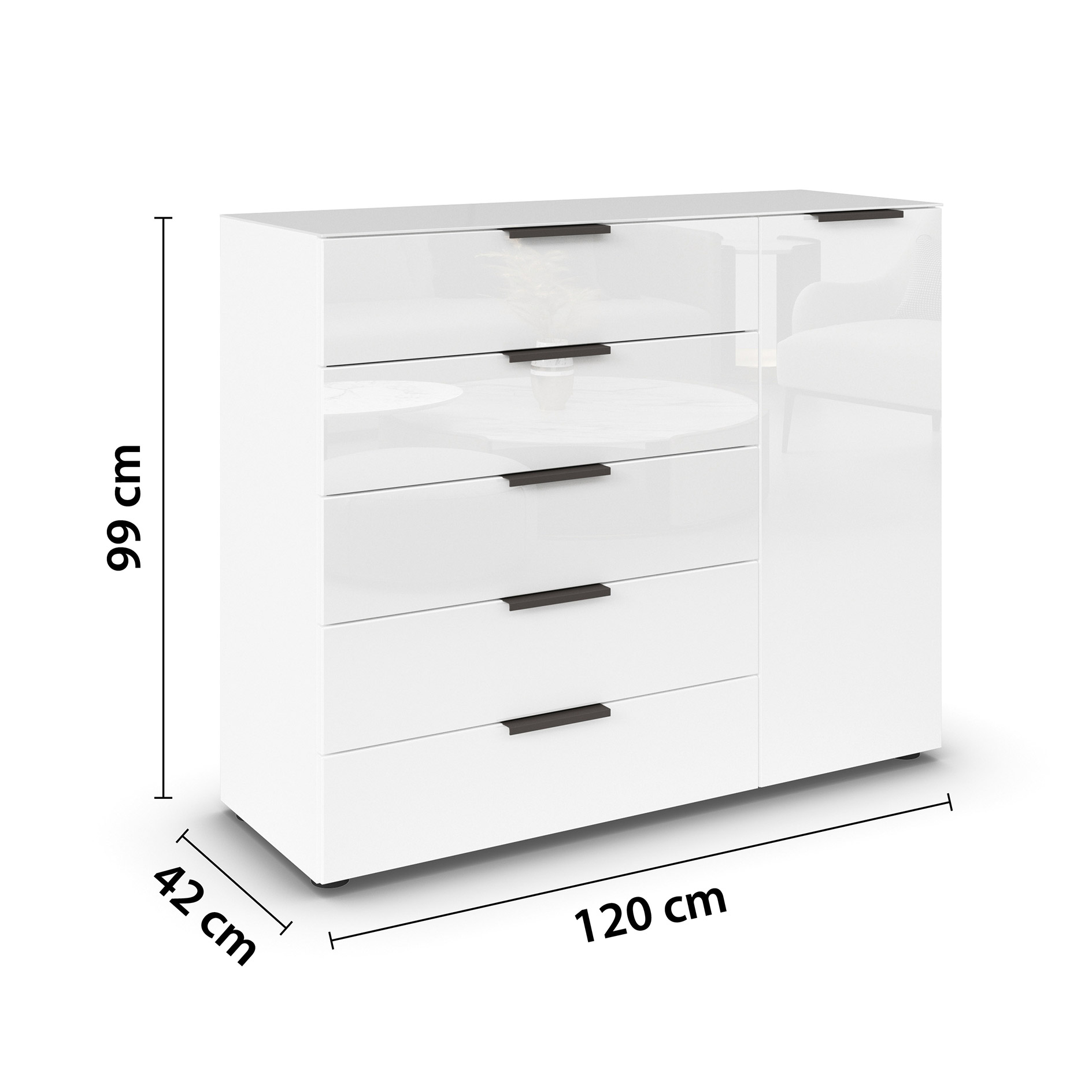 Kommode - alpinweiß-Kristallweißglas - Graphitgriffe - 120 cm