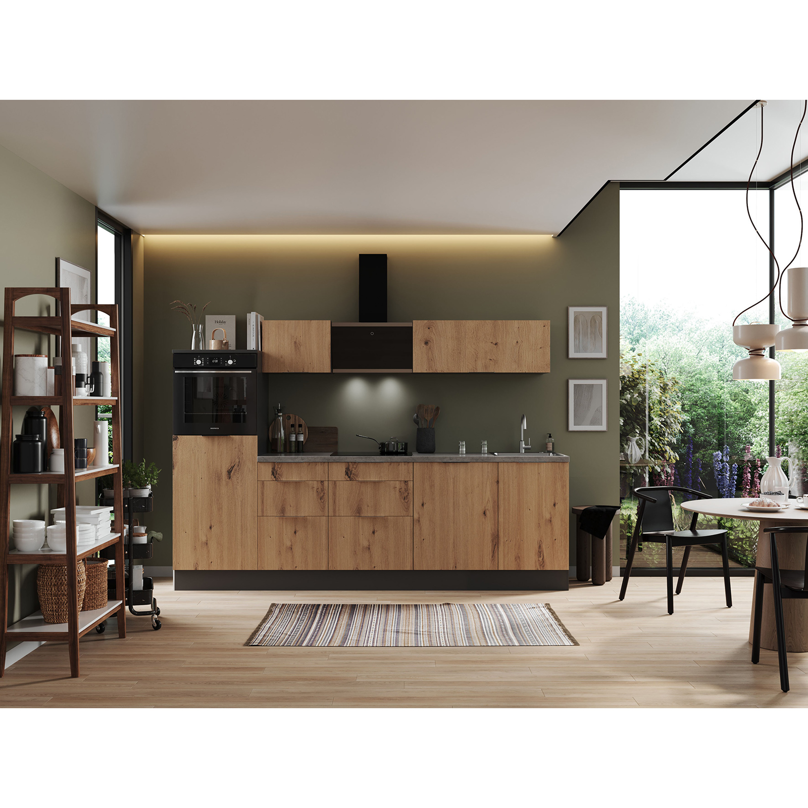 RESPEKTA Küchenblock - Artisan Eiche - grau matt - mit E-Geräten - 280 cm