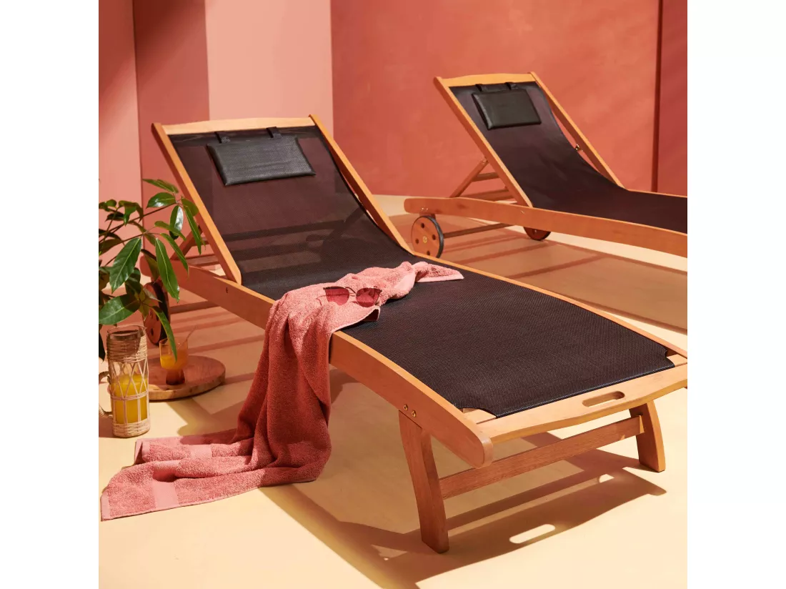Lot de 2 bains de soleil en bois inclinable avec roues noir - Aubagne