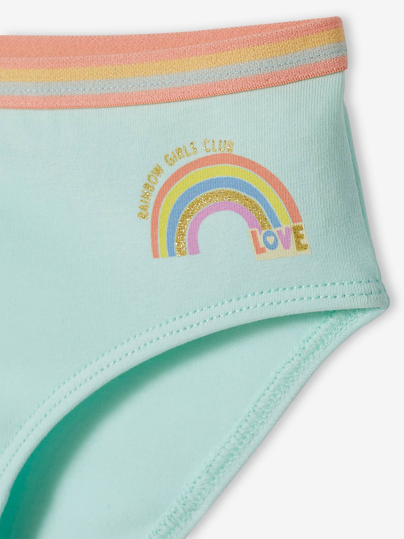 Pacote com 5 calcinhas unicórnio, tamanho médio infantil, lisinhas, violeta com estampas.