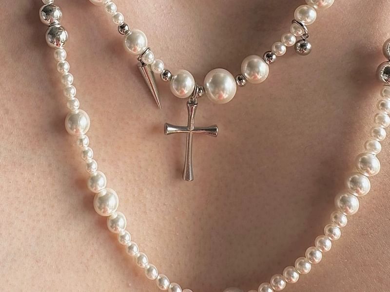 darcicon - Kruis imitatie parel gelaagde ketting / lange ketting