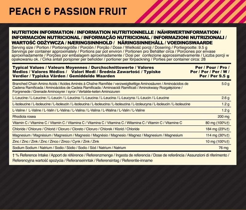 Optimum Nutrition Gold Standard BCAA Peach & Passion Fruit Aminozuren Train & Sustain (28 doseringen)