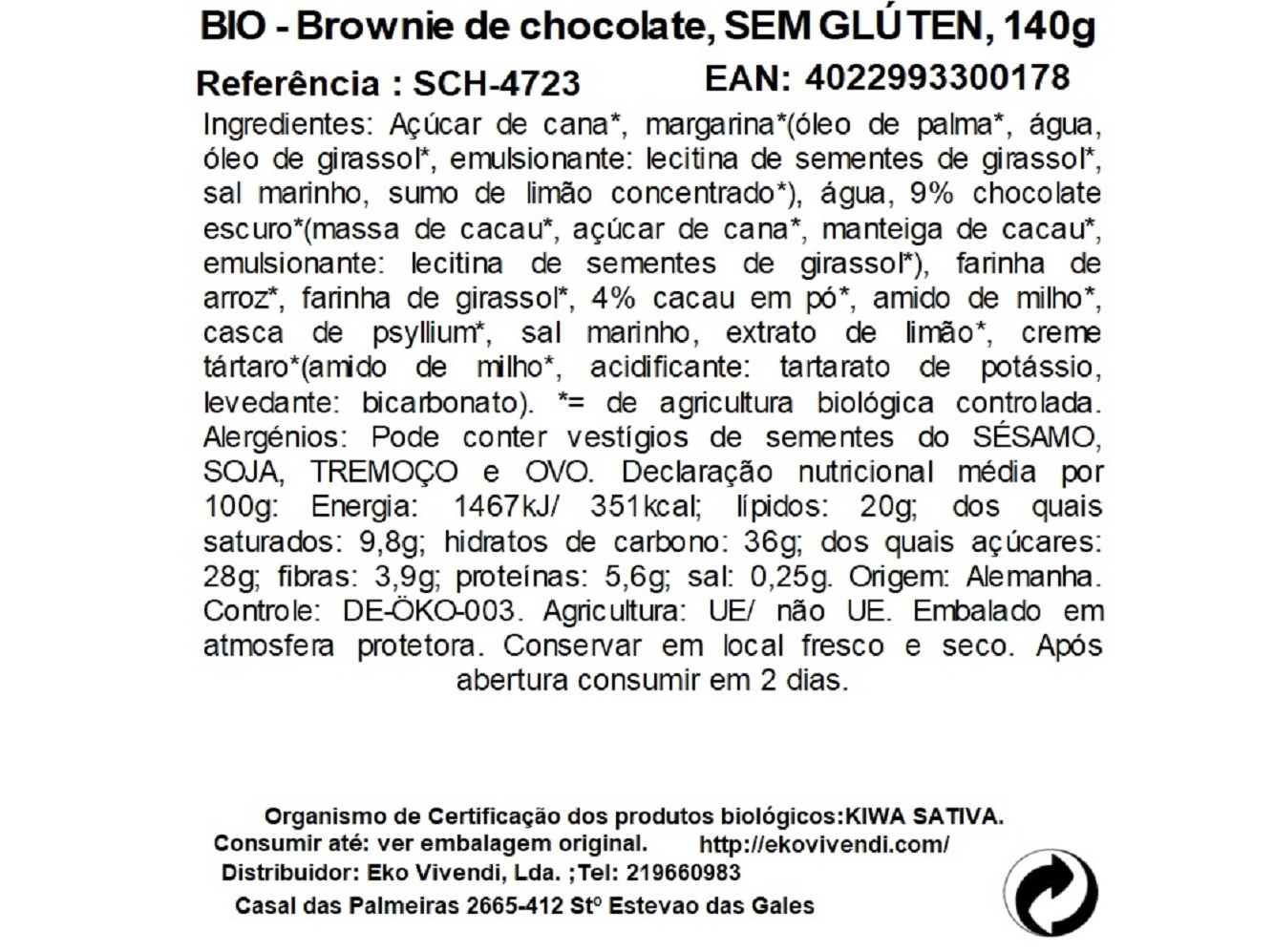 BROWNIE CHOCOLATE SCHNITZER SEM GLÚTEN BIO 140 G