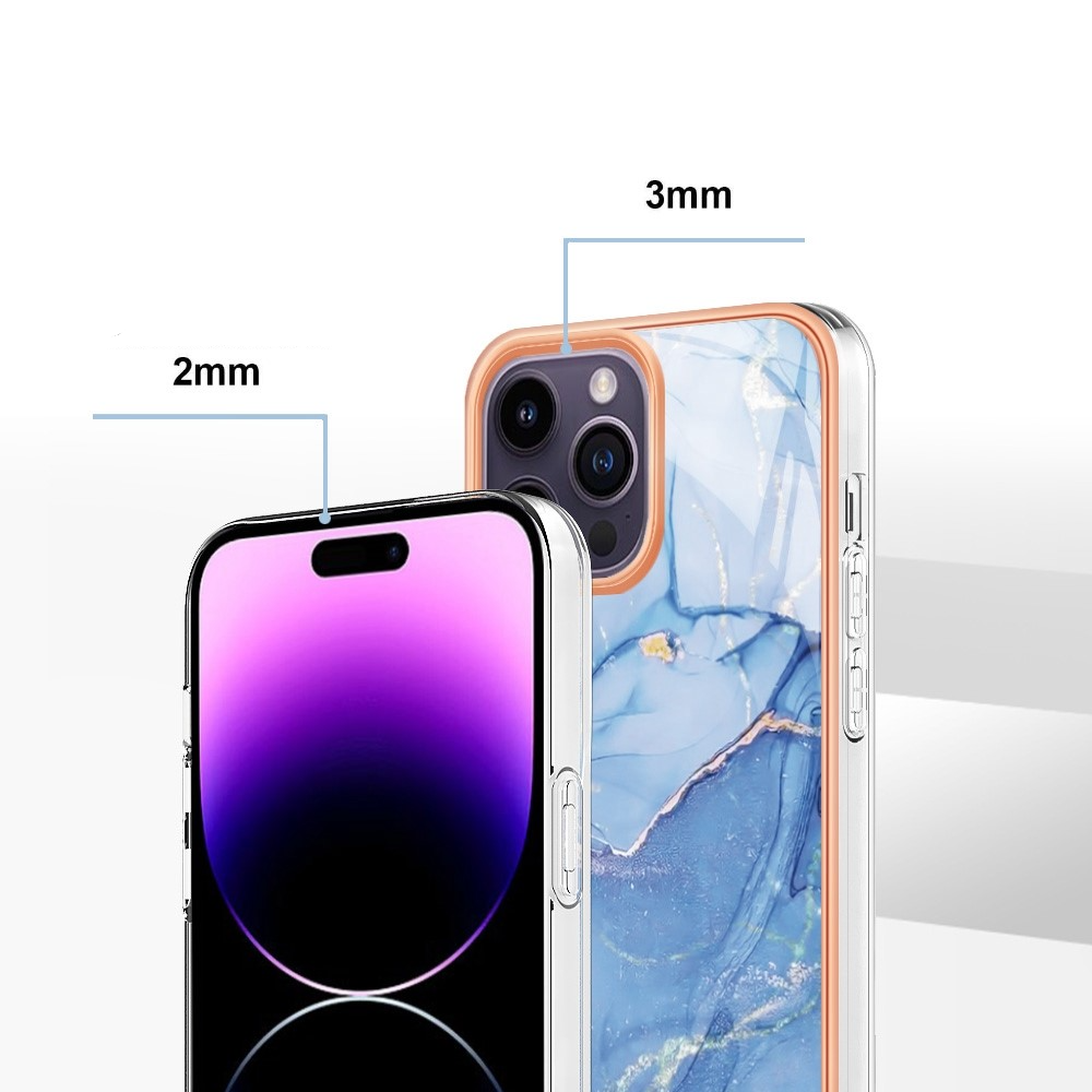 iPhone 14 Pro Gummi Case Hülle Galvanisierter Rahmen Marble Marmor Design - Hellblau / Roségold