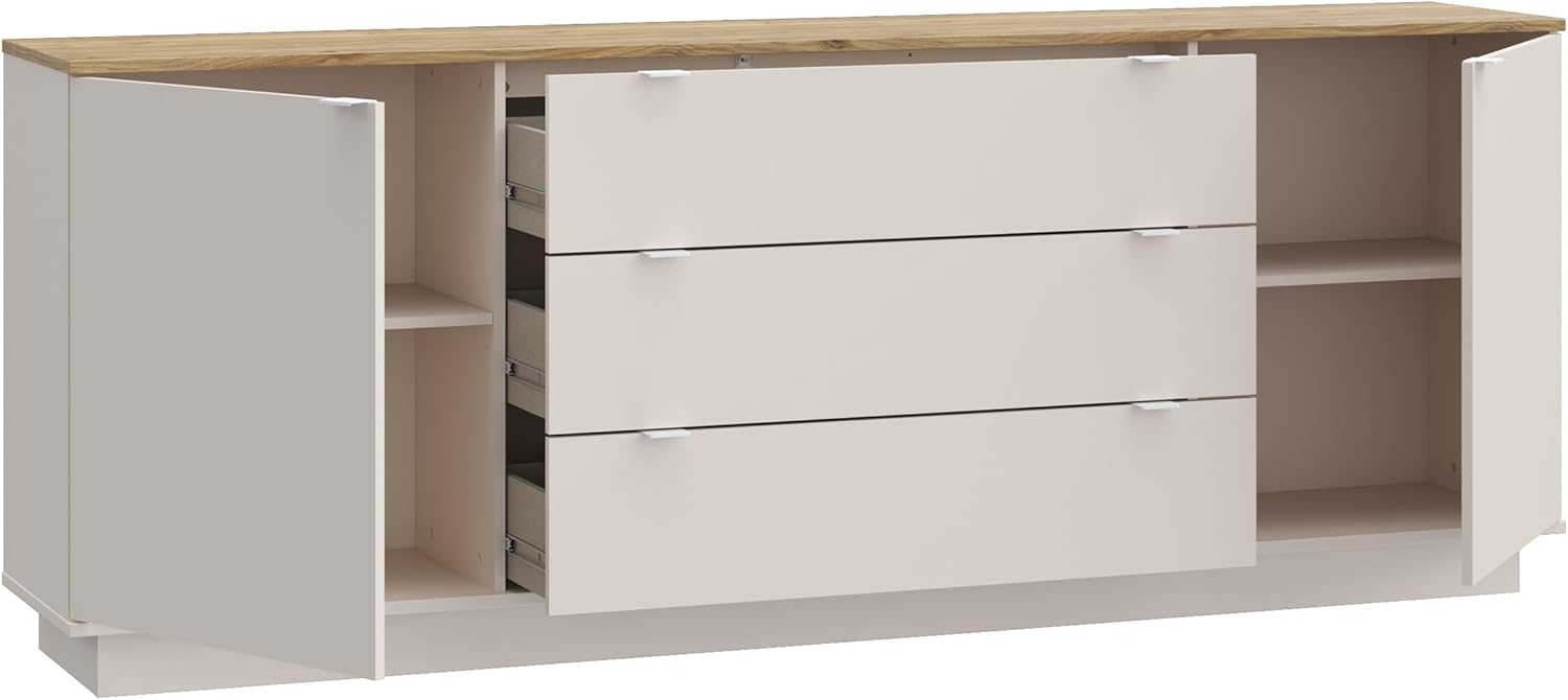 Forte GANYMEDE Sideboard 230, minimalistisches Sideboard, 2-türig, 3 Schubladen, Holzwerkstoff, Wohn-/Schlafzimmer, Mauvella Eiche Holzdekor|Kaschmirbeige, 224,5 cm breit x 85,7 cm hoch x 41,3 cm tief