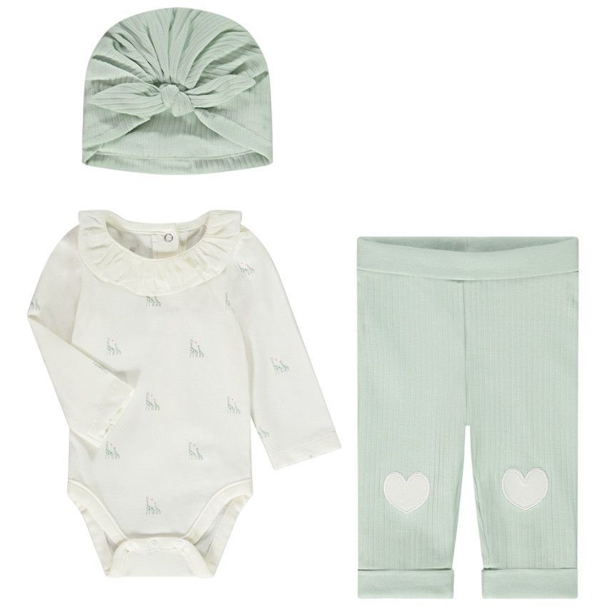 Ensemble 3 pièces avec turban côtelé pour bébé fille - Vert