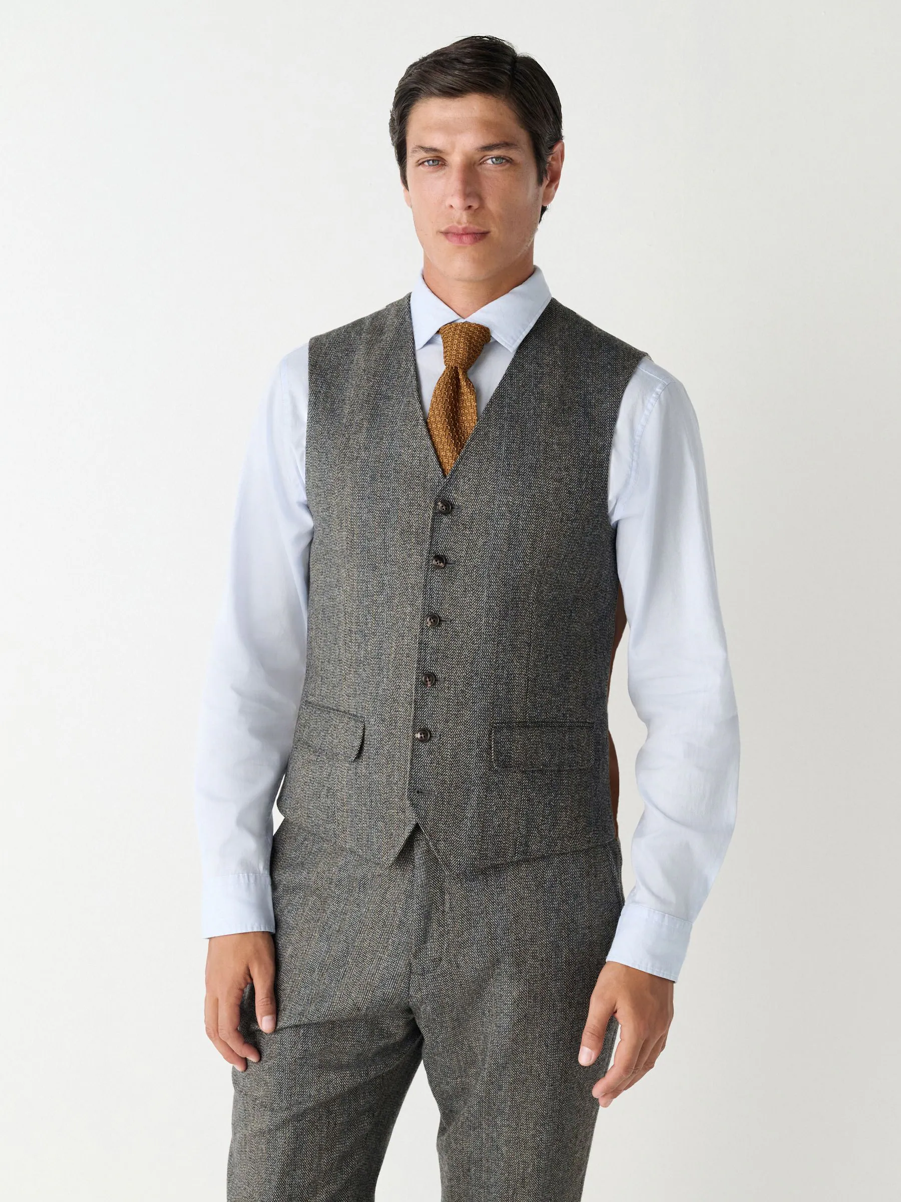 Grijs - Slim Fit Wool Blend Herringbone Stripe Suit Waistcoat