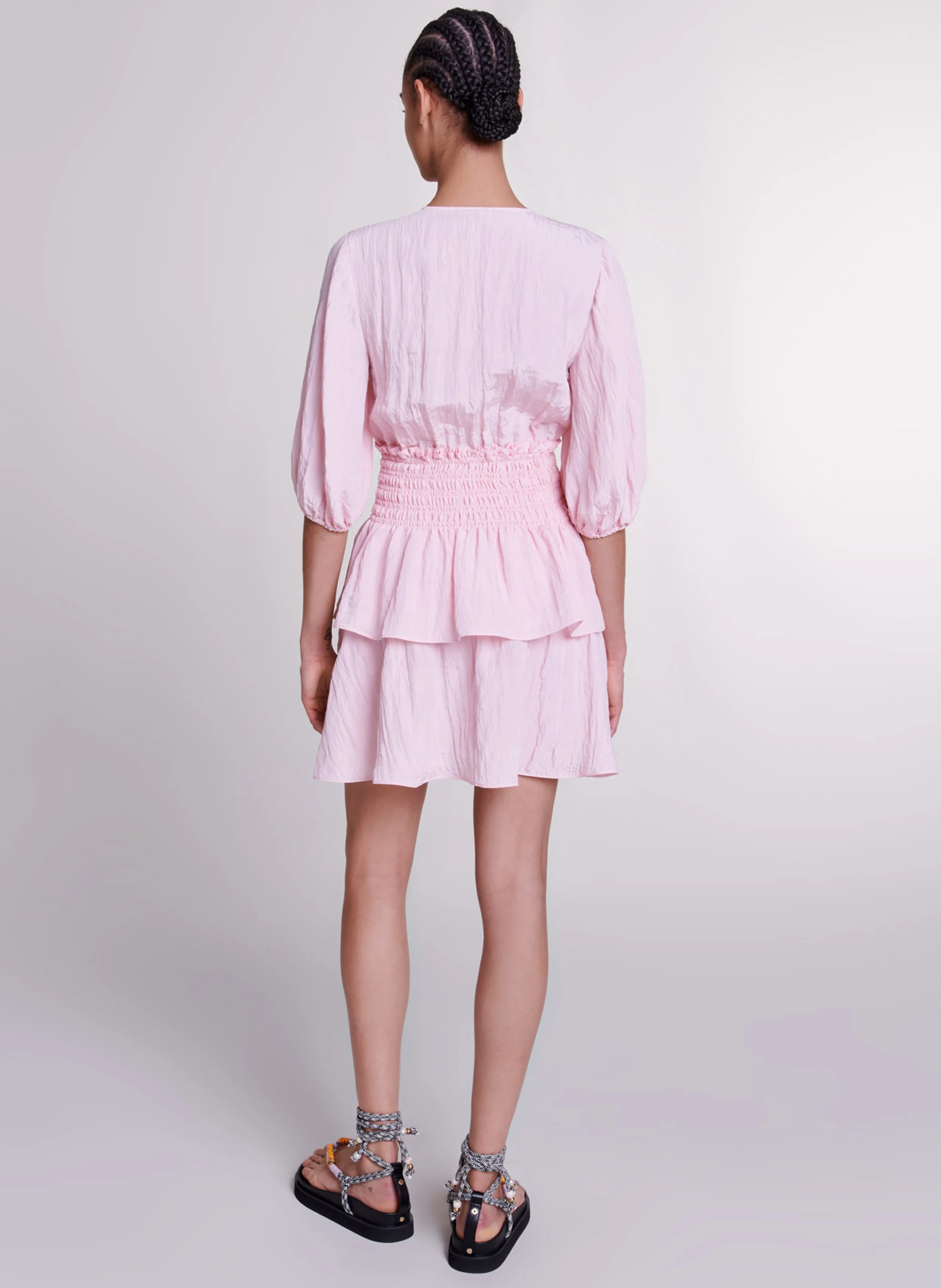 Robe courte col V à volants| Rose