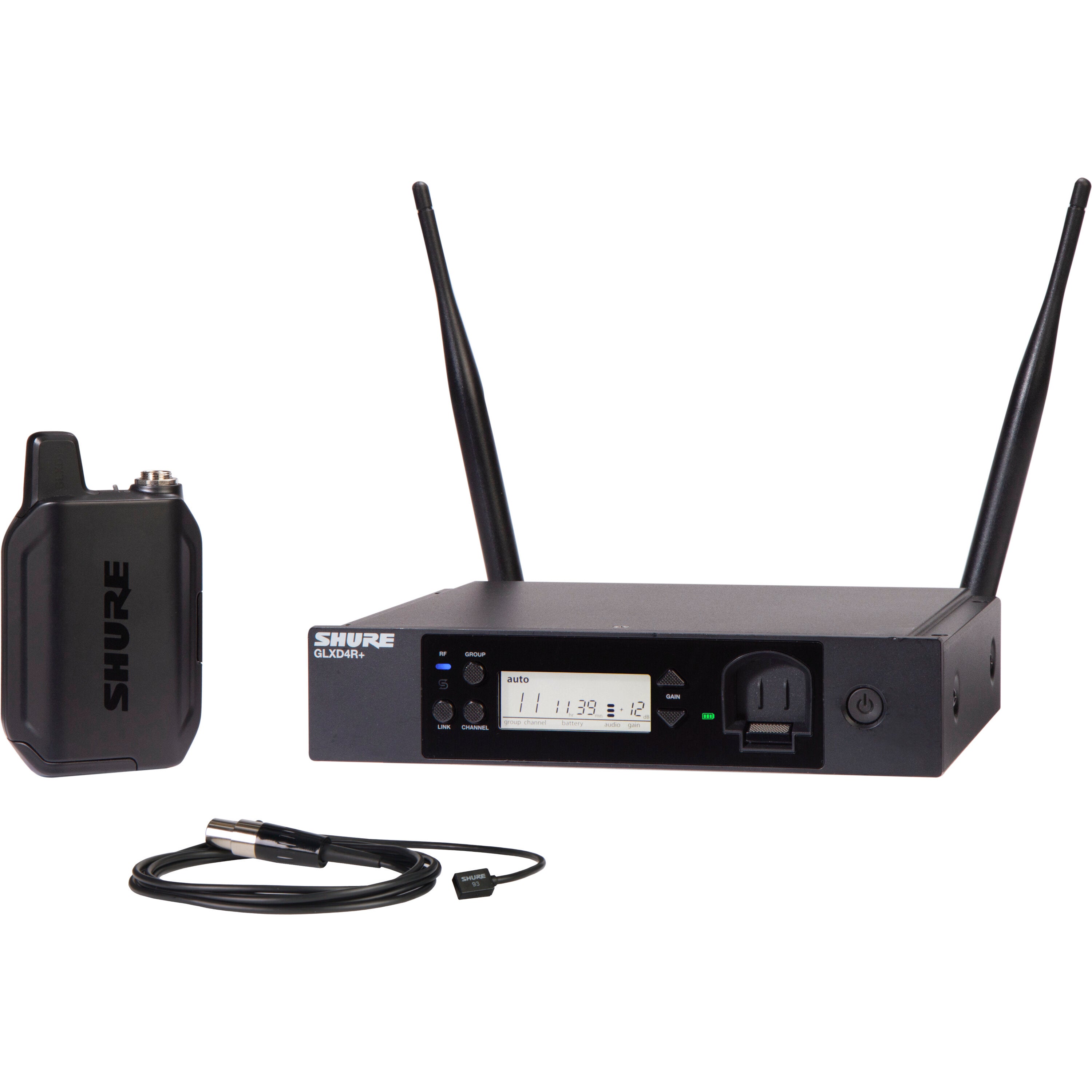 Shure GLXD14R+/93 digitaal draadloos racksysteem met WL93-dasspeldmicrofoon