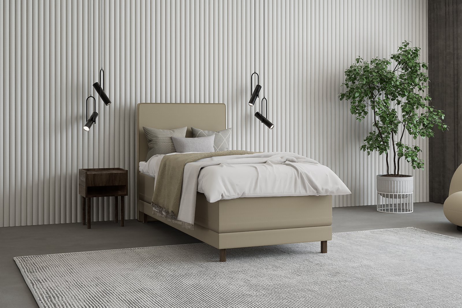 Premium 14 regulerbar seng 90x210 cm Tekstil Storm 09 mørk beige, medium, Premium 14 overmadrass med røkfarget 15 cm ben, gavl selges separate.