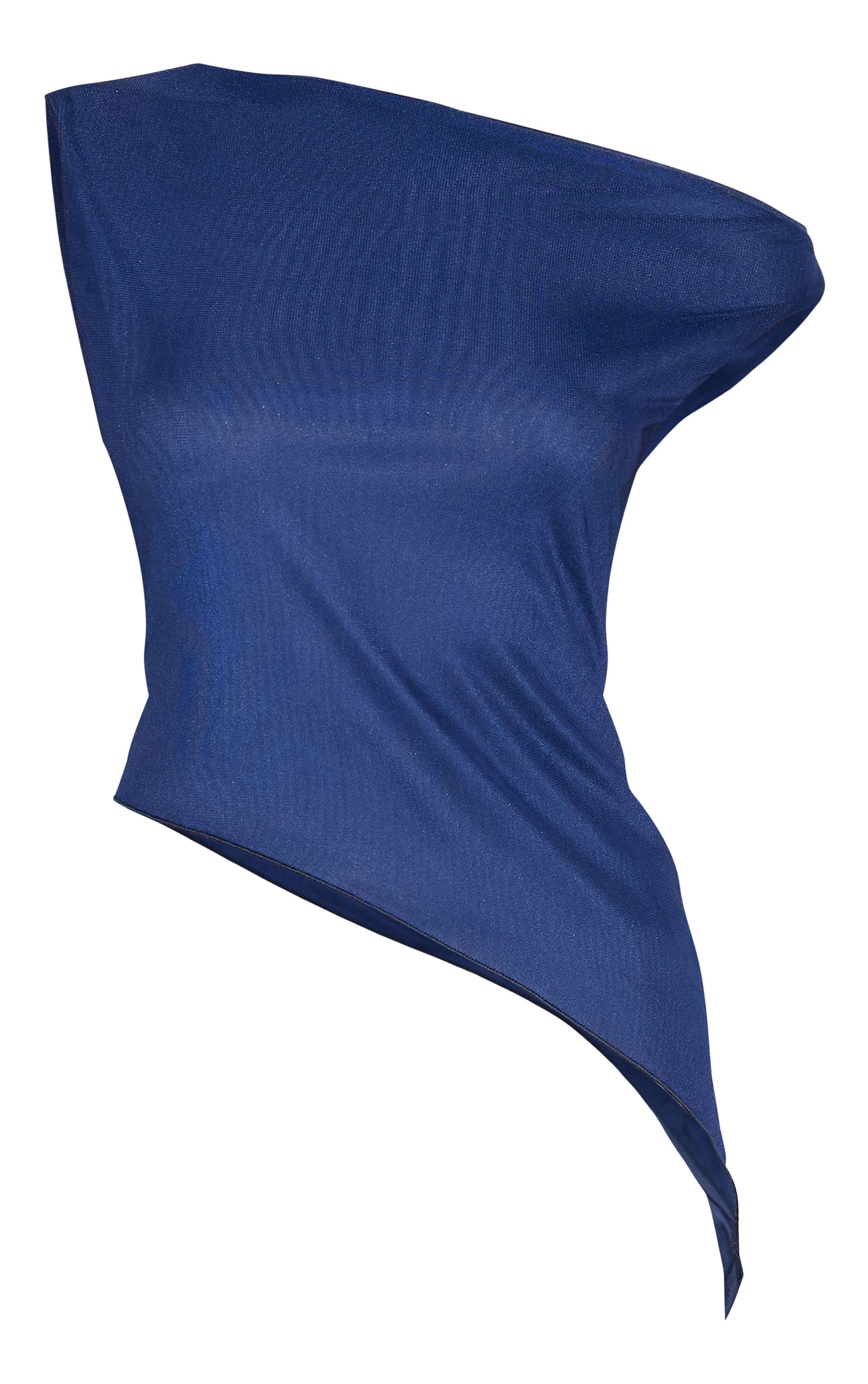 Bleu Marine Haut En Mesh À Col Asymétrique Imprimé Cerf