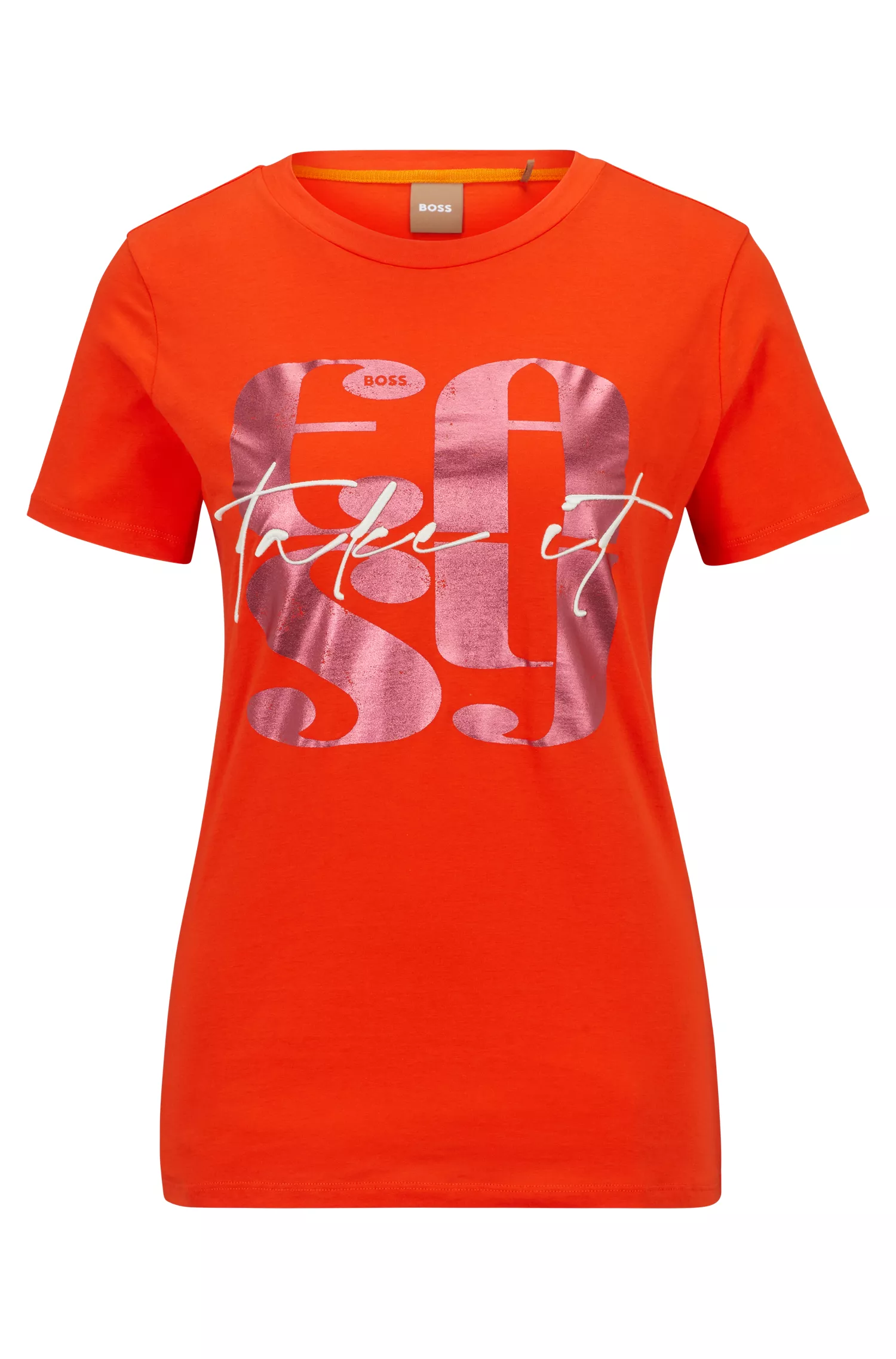 Camiseta BOSS preta de algodão orgânico com estampa sazonal.