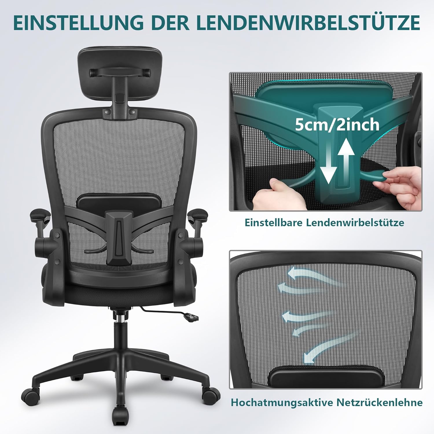FelixKing Bürostuhl Ergonomischer schreibtischstuhl mit Verstellbarer Kopfstütze, Armlehnen, Lendenwirbelstütze, Hoher Rücken Office Chair, Schreibtischstuhl bis 300LB Belastbar(Schwarz)