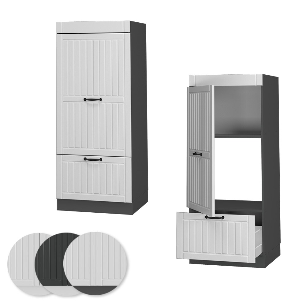 Vicco Mikrowellenumbauschrank Küchenschrank Küchenmöbel Fame-Line Landhaus Anthrazit Weiß 60 cm Küche Einbauküche Blende Hochschrank Schublade Mikrowelle Backofen Küchenzeile