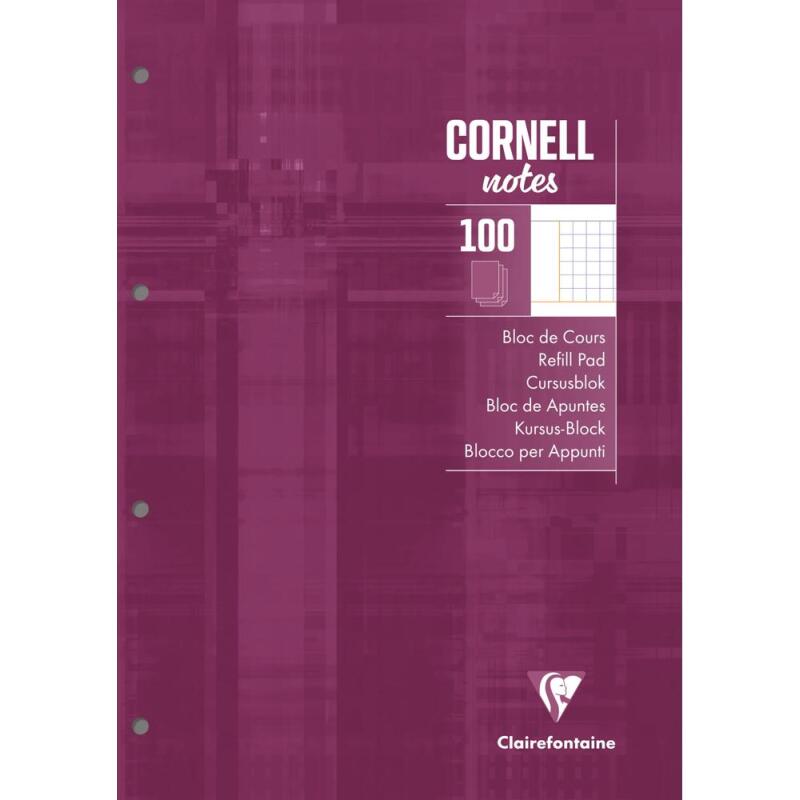 Bloc de cours CORNELL encollé grand côté A4 200 pages perforées 4 trous Cornell petits carreaux - Prune