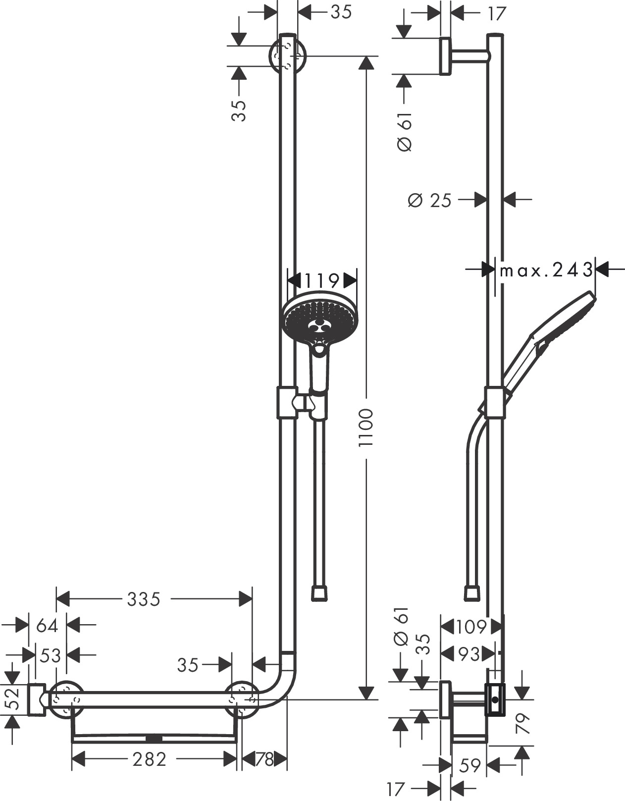 Hansgrohe Raindance Select S doucheset met glijstang 110cm en opbergmand rechts chroom