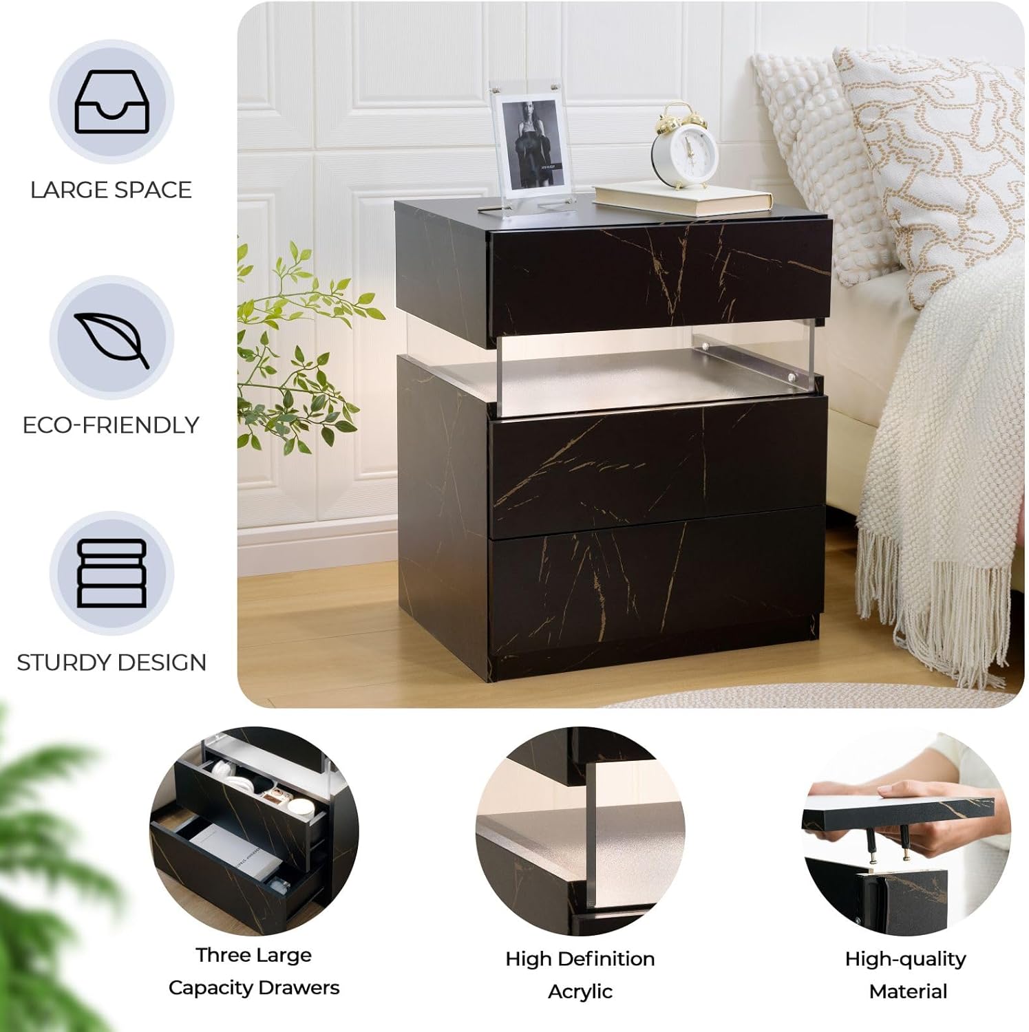 2 Stück Nachttisch mit LED Nachtschrank Modernes mit 3 Schublade Nachttische Beistelltisch für Schlafzimmer, Wohnzimmer, Büro,Schwarz+Gold