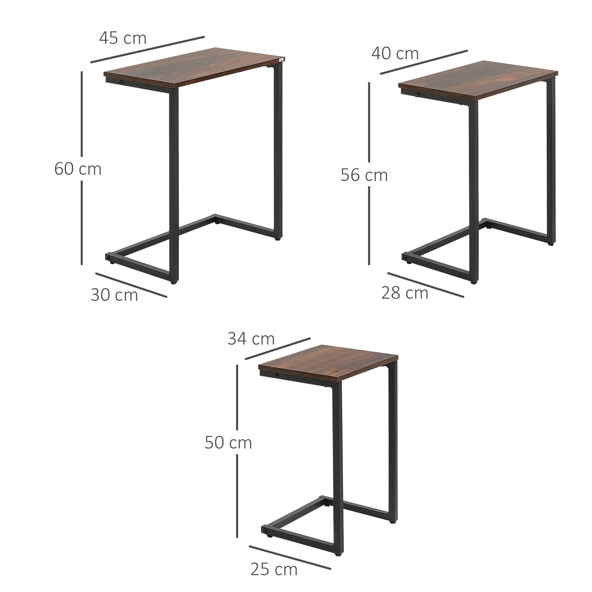 HOMCOM Beistelltisch-Set mit Stahlrahmen braun 45L x 30B x 60H cm