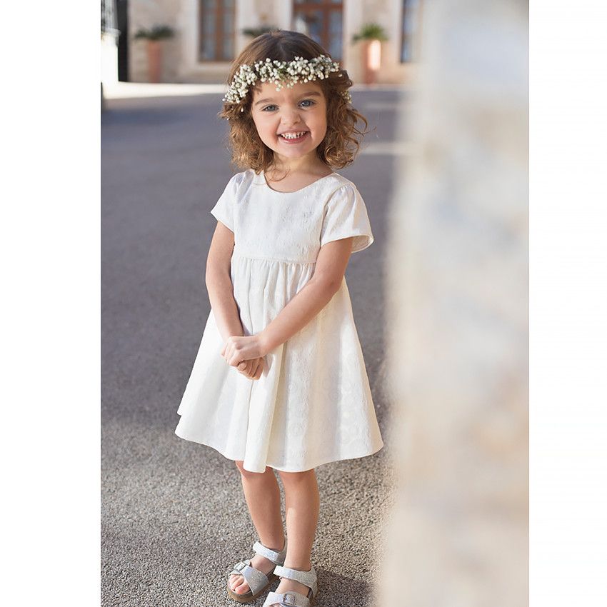Robe manches courtes en jacquard pour bébé fille - Ecru