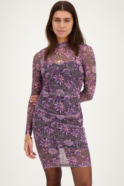 Grijze mesh jurk met paarse bloemenprint