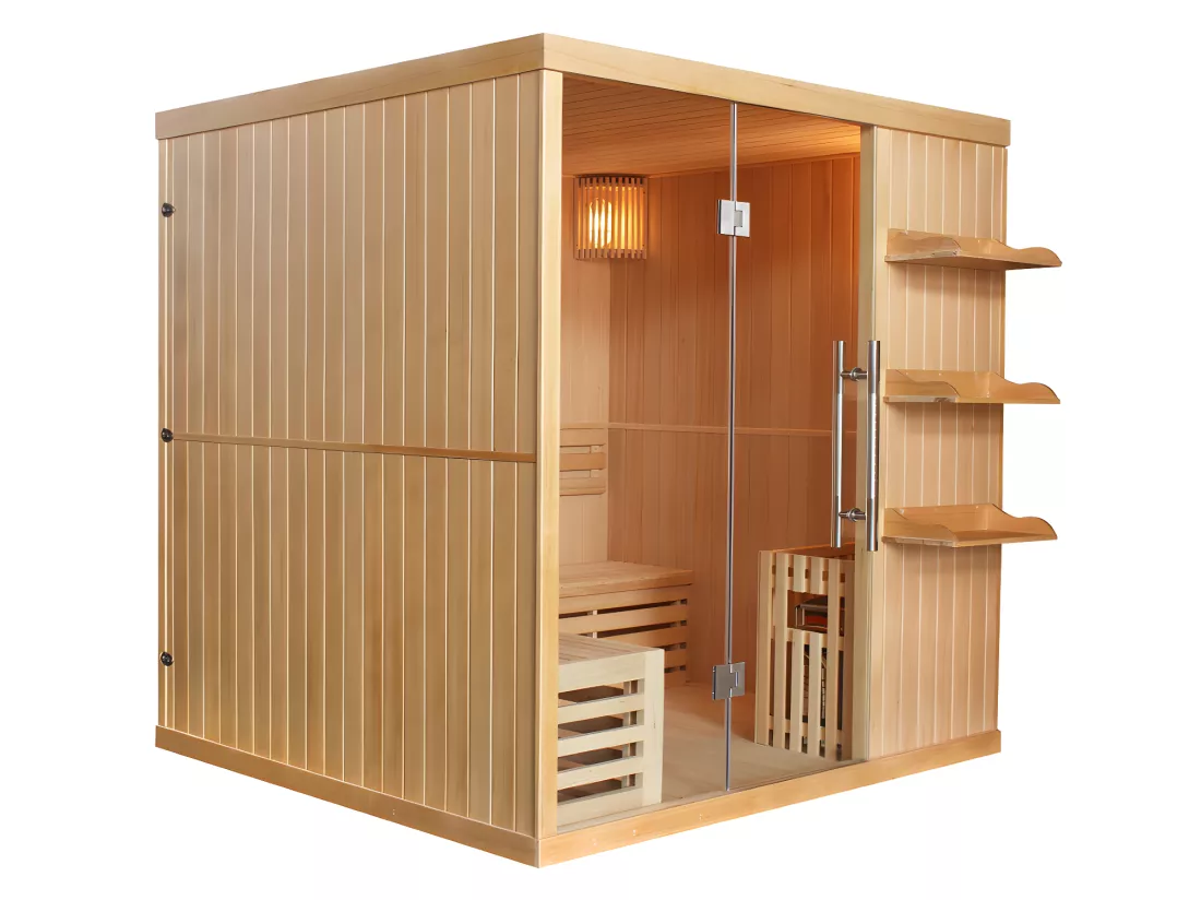 Sauna traditionnel Finlandais 4/5 places FABORG vitré avec étagères - 200x180x200