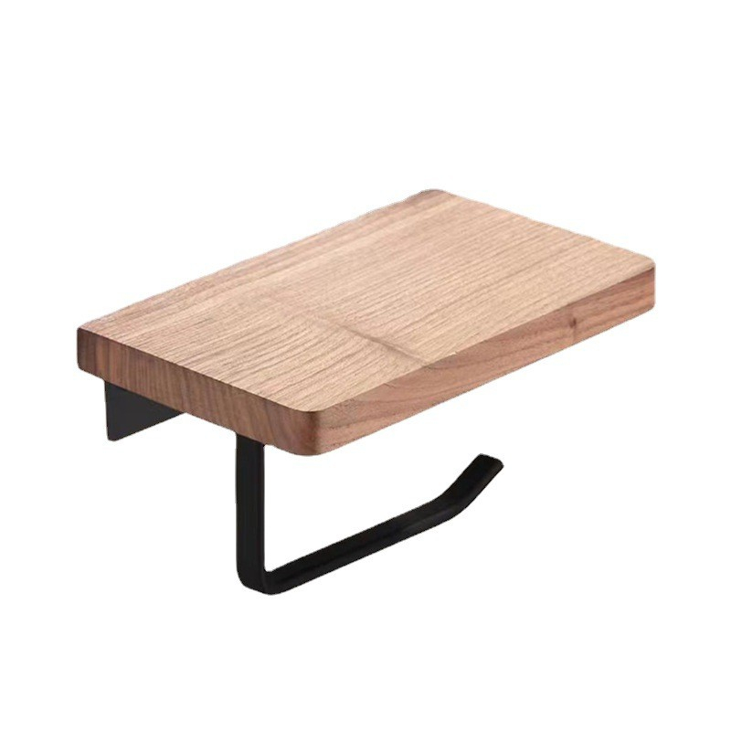 2in1 Selbstklebende Holz Toiletten Papier Wandhalterung mit Handy Ablage - Braun / Schwarz